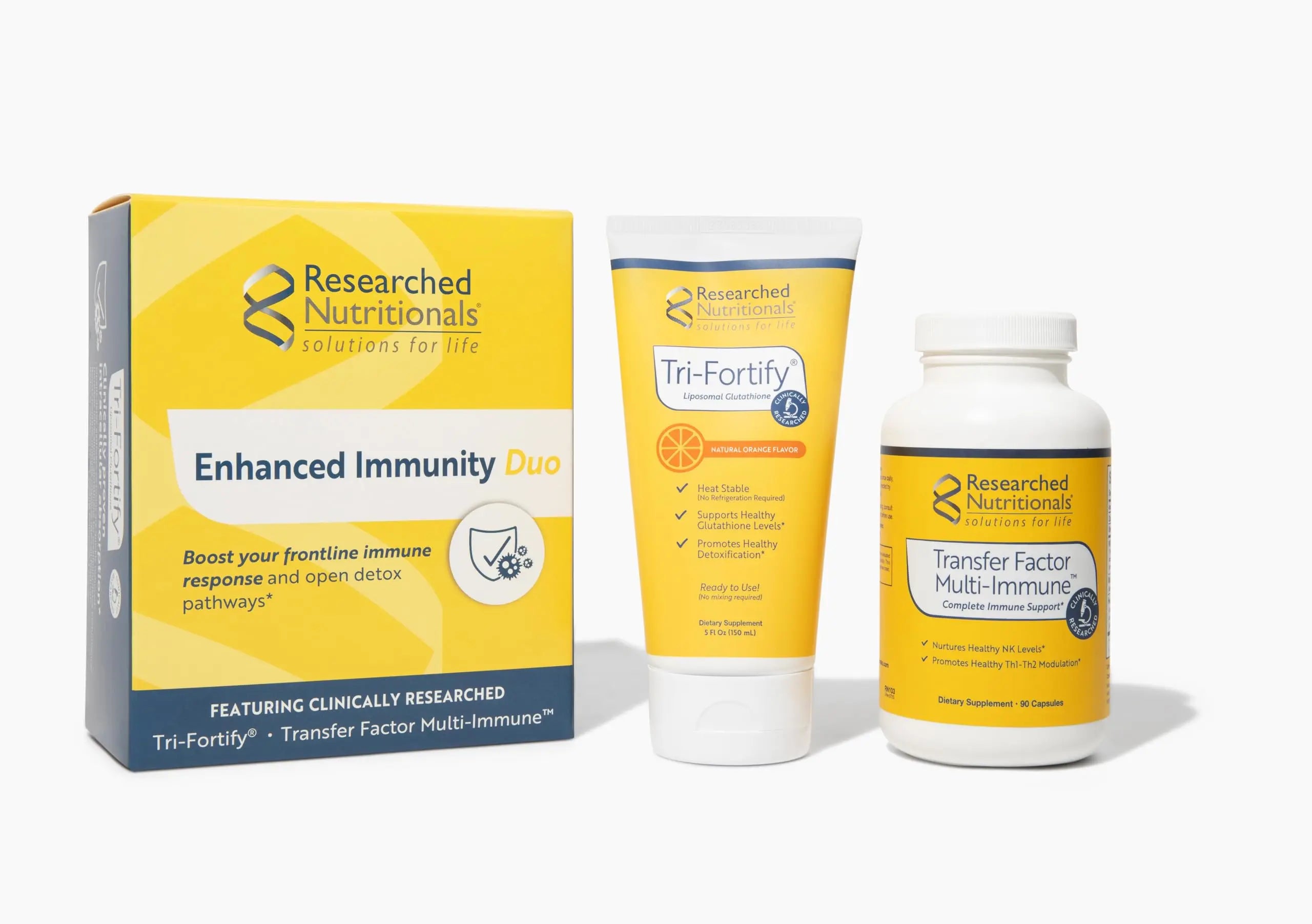 Researched Nutritionals Liposomal Glutathione (450mg) + Colostrum & Mushrooms Supplement for Immune Support - Enhanced Immunity Duo - Tri-Fortify Orange + Transfer Factor Multi-Immune (2 Piece Set) Researched Nutritionals buy supplements canada