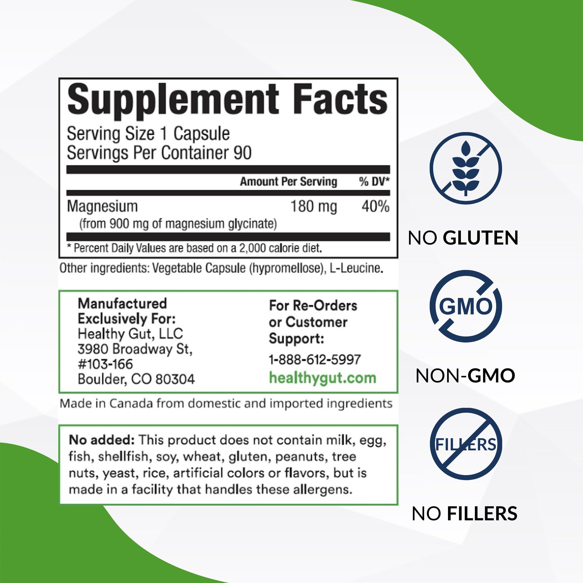 Healthy Gut Magnesium-HP | Ultra Pure Magnesium Glycinate Capsules with Zero Fillers | 180 mg Magnesium Glycinate | 90 Servings Healthy Gut buy supplements canada