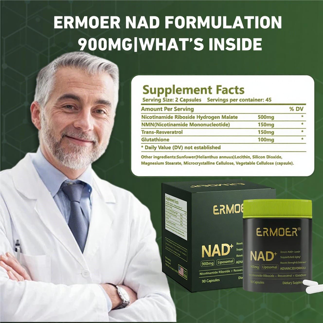 ERMOER NAD Liposomal Nicotinamide Riboside with Resveratrol & Quercetin 900mg, NAD Resveratrol Supplement for Anti Aging, Energy, Antioxidant, Focus (90 Count) ERMOER buy supplements canada