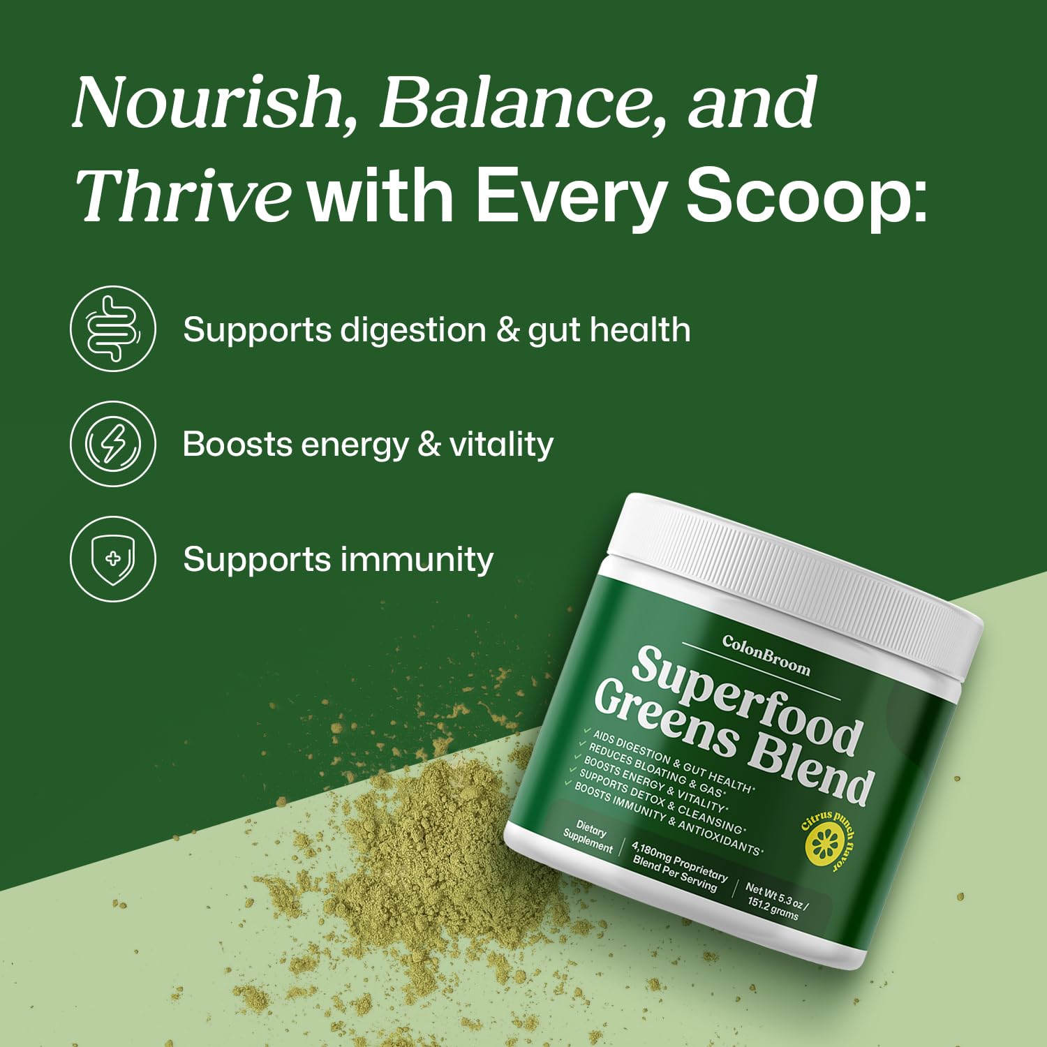 ColonBroom Superfood Greens Powder Supplement | Super Greens Juice Powder with Probiotics, Prebiotics, Spirulina & Chlorella | Natural for Energy, Immunity, Digestion & Detox Support | 28 Servings ColonBroom buy supplements canada