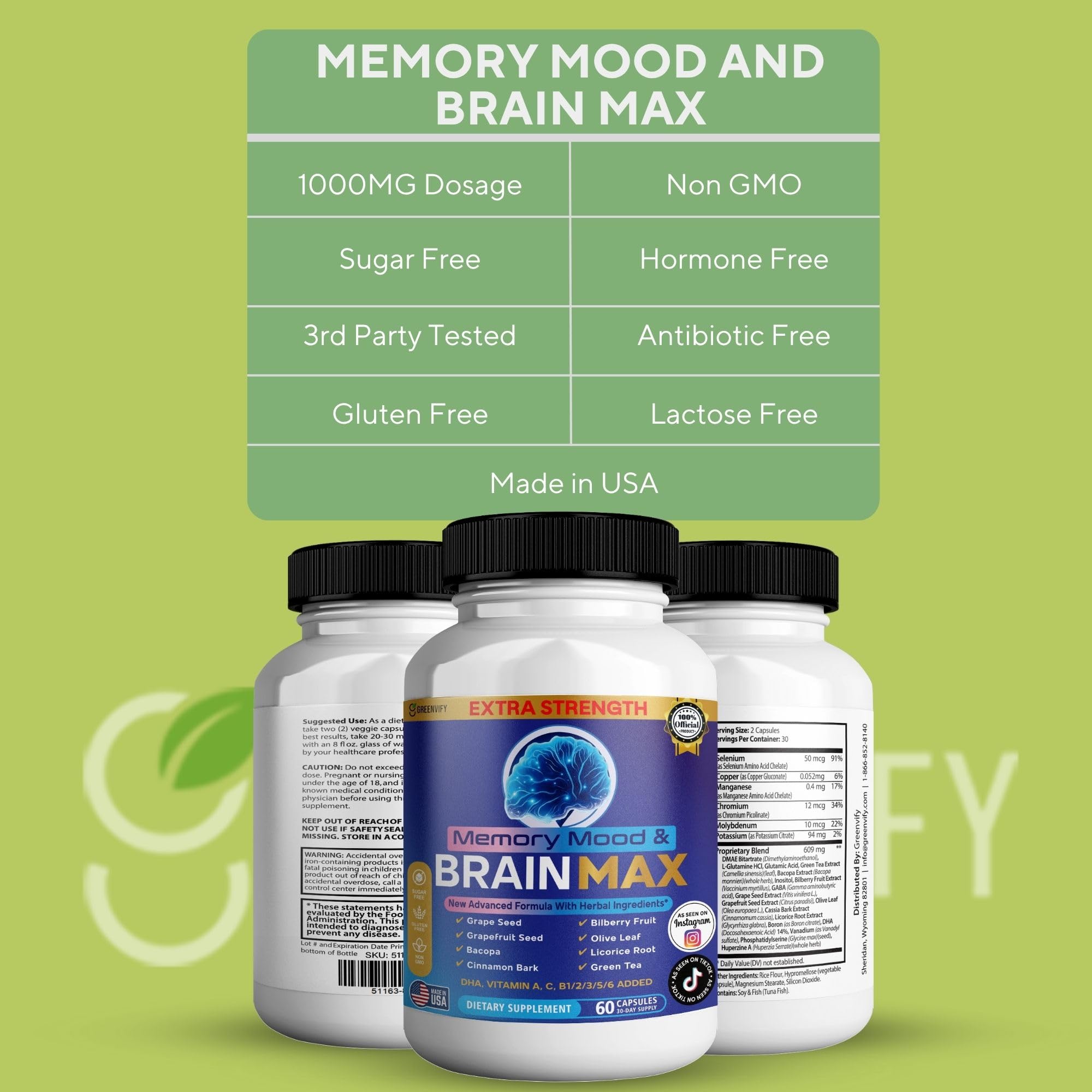 Memory, Mood & Brain Max Extra Strength Supplement with Herbal Ingredients, 60 Capsules, DHA, Vitamins, Bacopa, Green Tea (1) GREENVIFY buy supplements canada