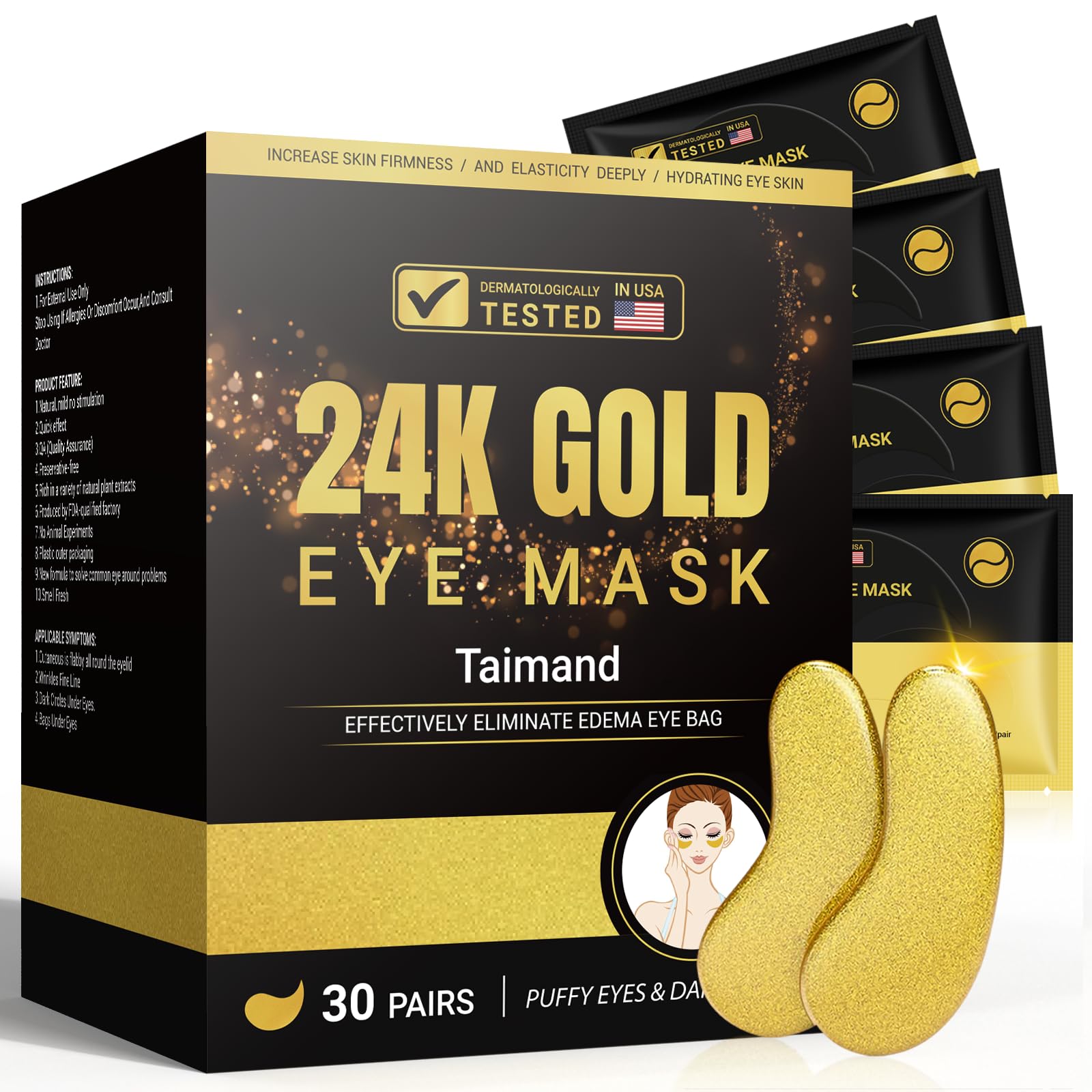 Taimand Under Eye Patches (30 Pairs), 24K Gold Under Eye Mask for Puffy Eyes, Dark Circles,Bags and Wrinkles with Collagen Taimand buy supplements canada
