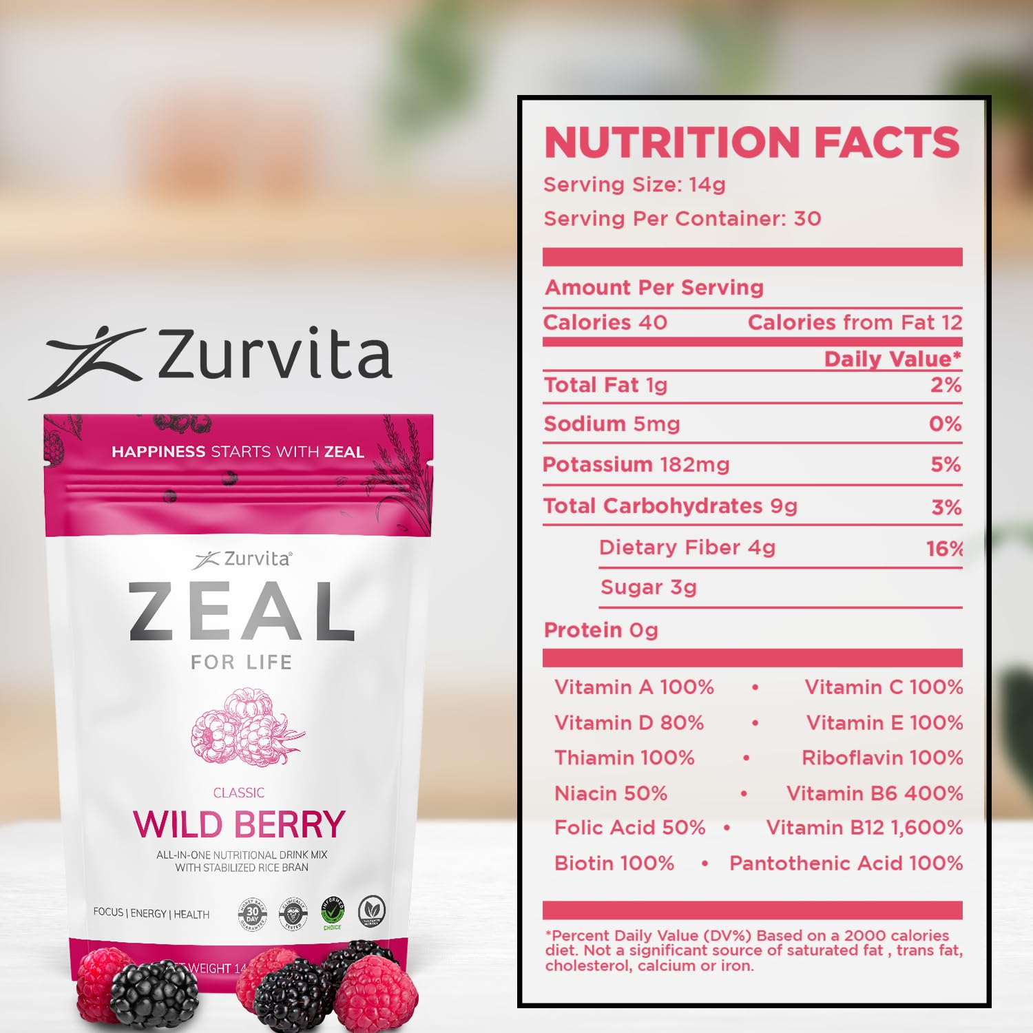 Zurvita - Zeal for Life 30-Day Wellness Bag - Wild Berry (Classic) - Nutritional Supplement for Vitality, Immunity, and Wellness - 420 Grams Zurvita buy supplements canada