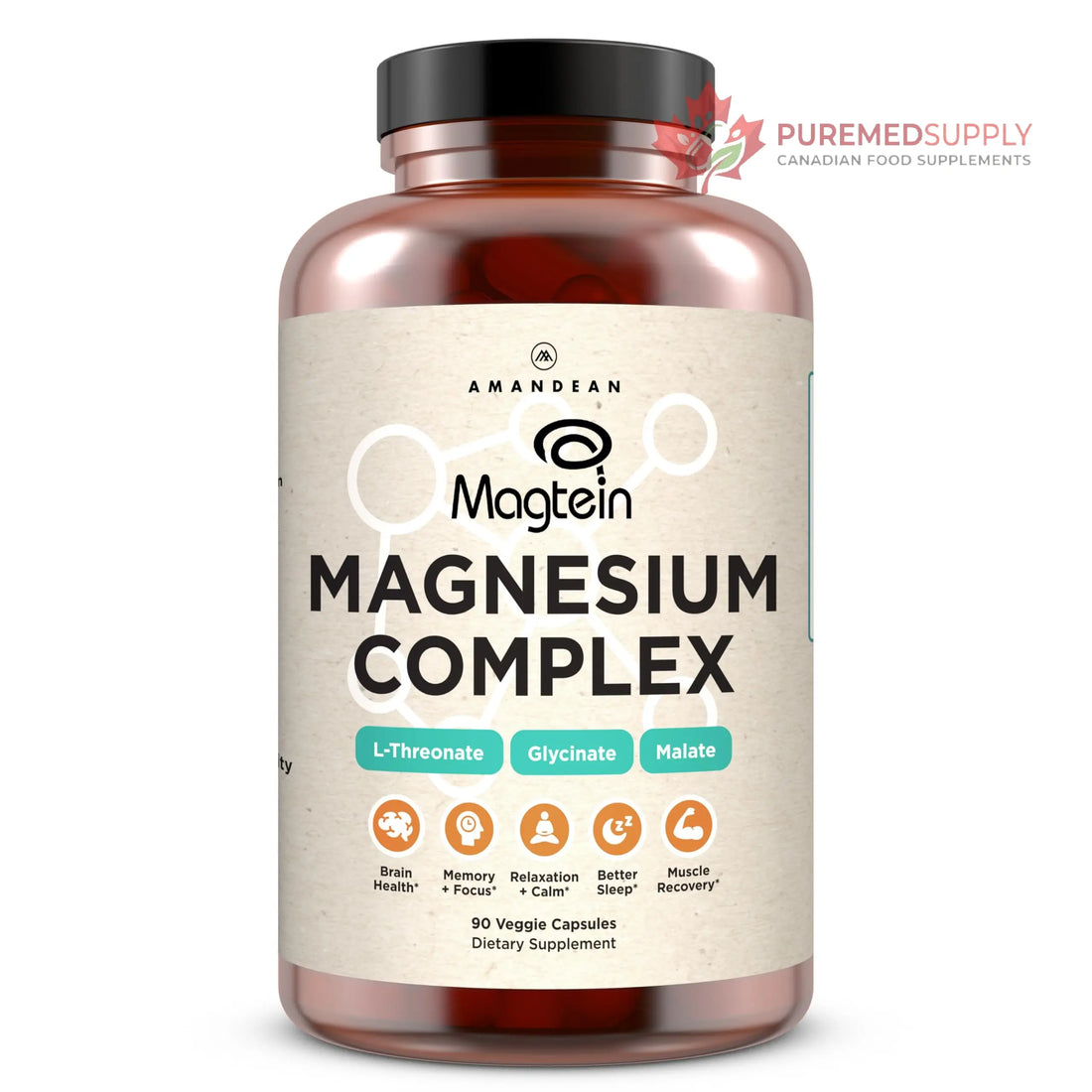 AMANDEAN Magtein Magnesium Complex. L-Threonate, Glycinate, Malate Triple Blend Chelated Magnesium Supplement. 90 Veggie Capsules. High Absorption Branded Ingredients. Brain Health, Sleep, Calm*. AMANDEAN buy supplements canada