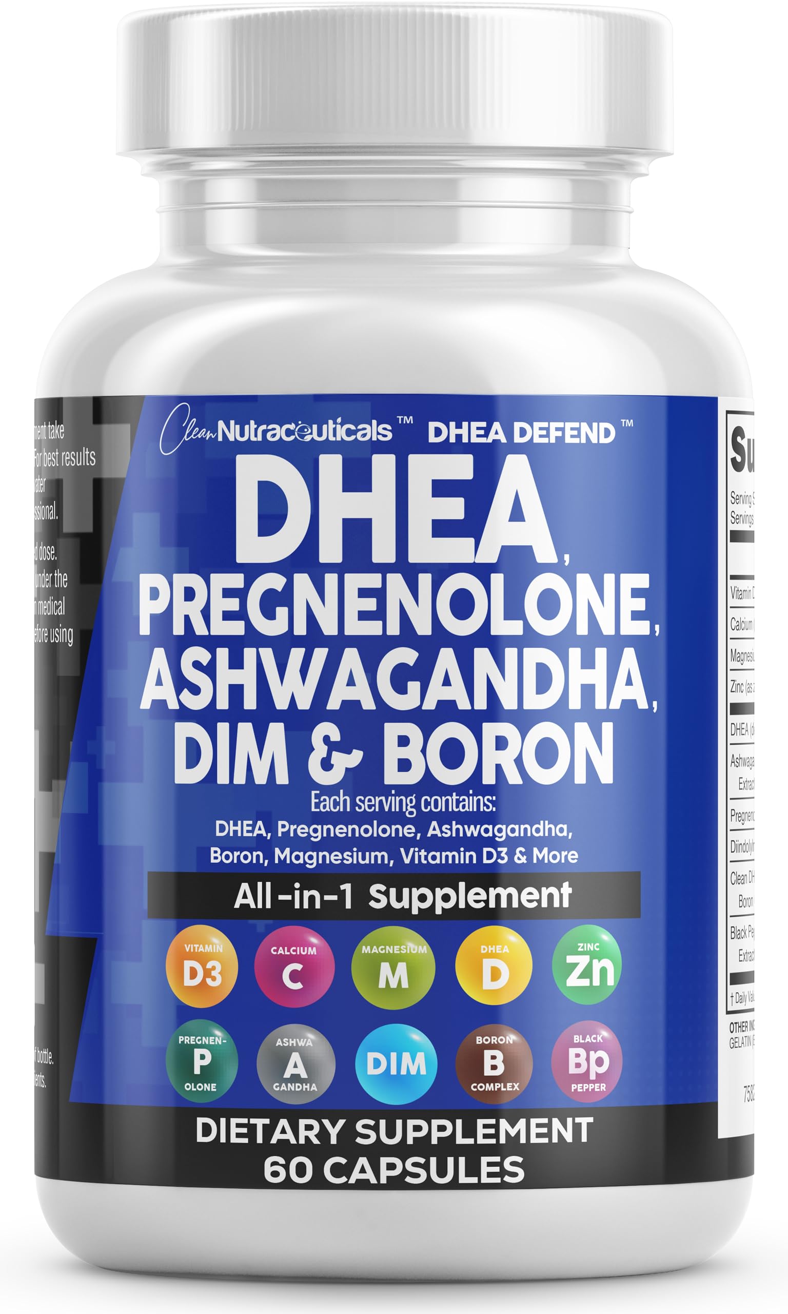 DHEA 200mg Supplement Pregnenolone 100mg for Men & Women with DIM Ashwagandha Boron 6mg Complex Calcium Magnesium Zinc 50mg Vitamin D3 5000 iu Hormone Support Capsules Pills - Made in USA 60 Ct Clean Nutraceuticals buy supplements canada