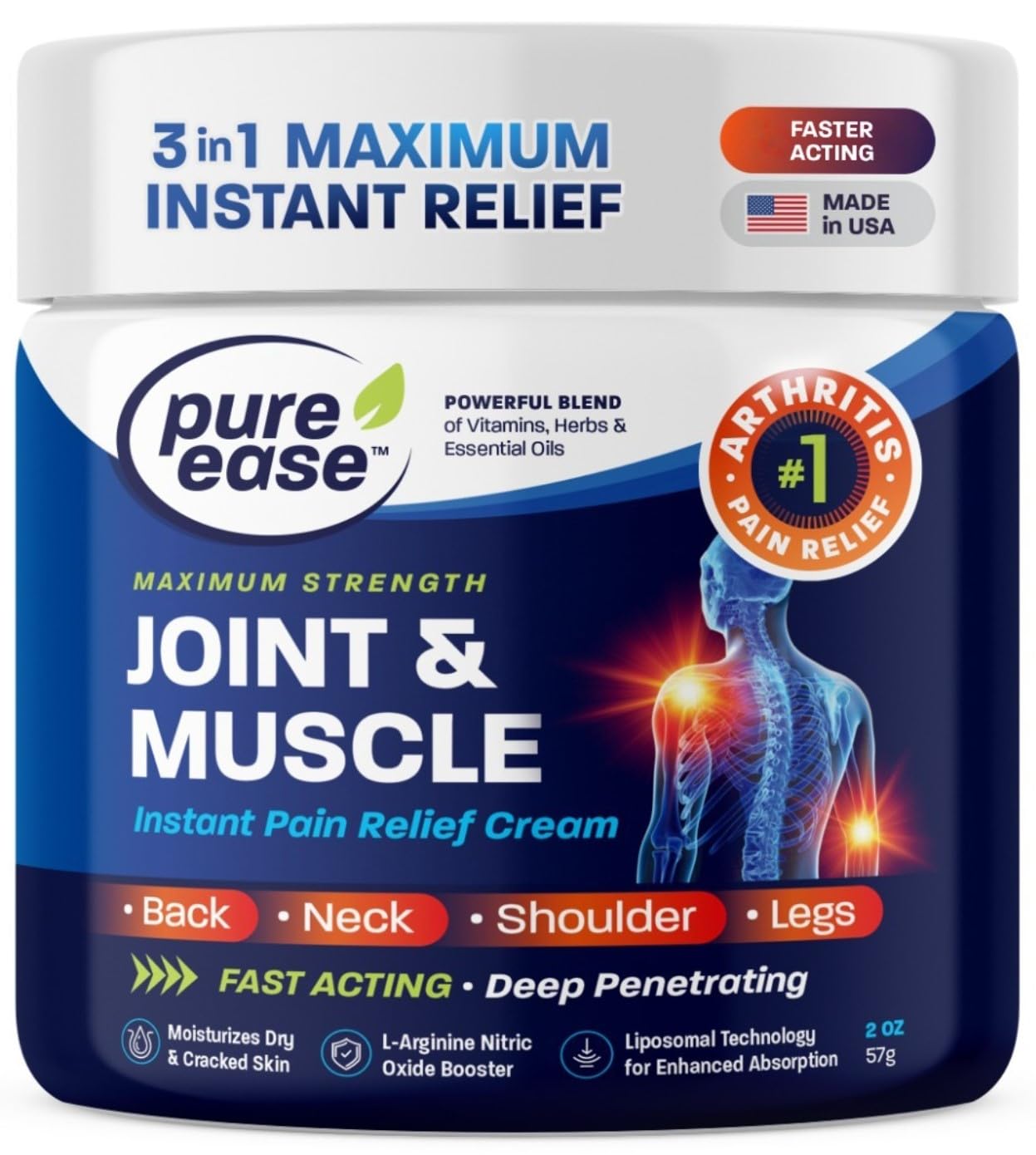 Pure Ease Arthritis Pain Relief Cream for Back 3 in 1 Maximum Instant Relief 2 OZ - Fast-Acting Muscle Pain Cream Extra Strength Joint & Knee - Powerful Formula for Neck Shoulder & Lower Back Pure Ease buy supplements canada