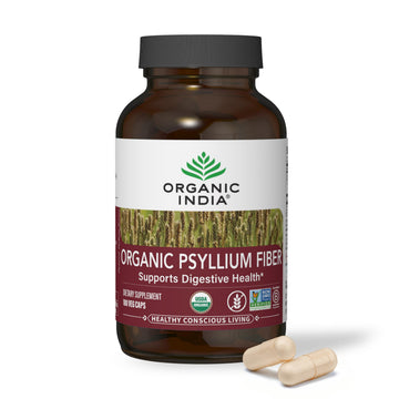 ORGANIC INDIA Psyllium Husk Capsules - Fiber Supplement, Healthy Elimination - Vegan, Keto Friendly, Gluten-Free, USDA Certified Organic, Non-GMO