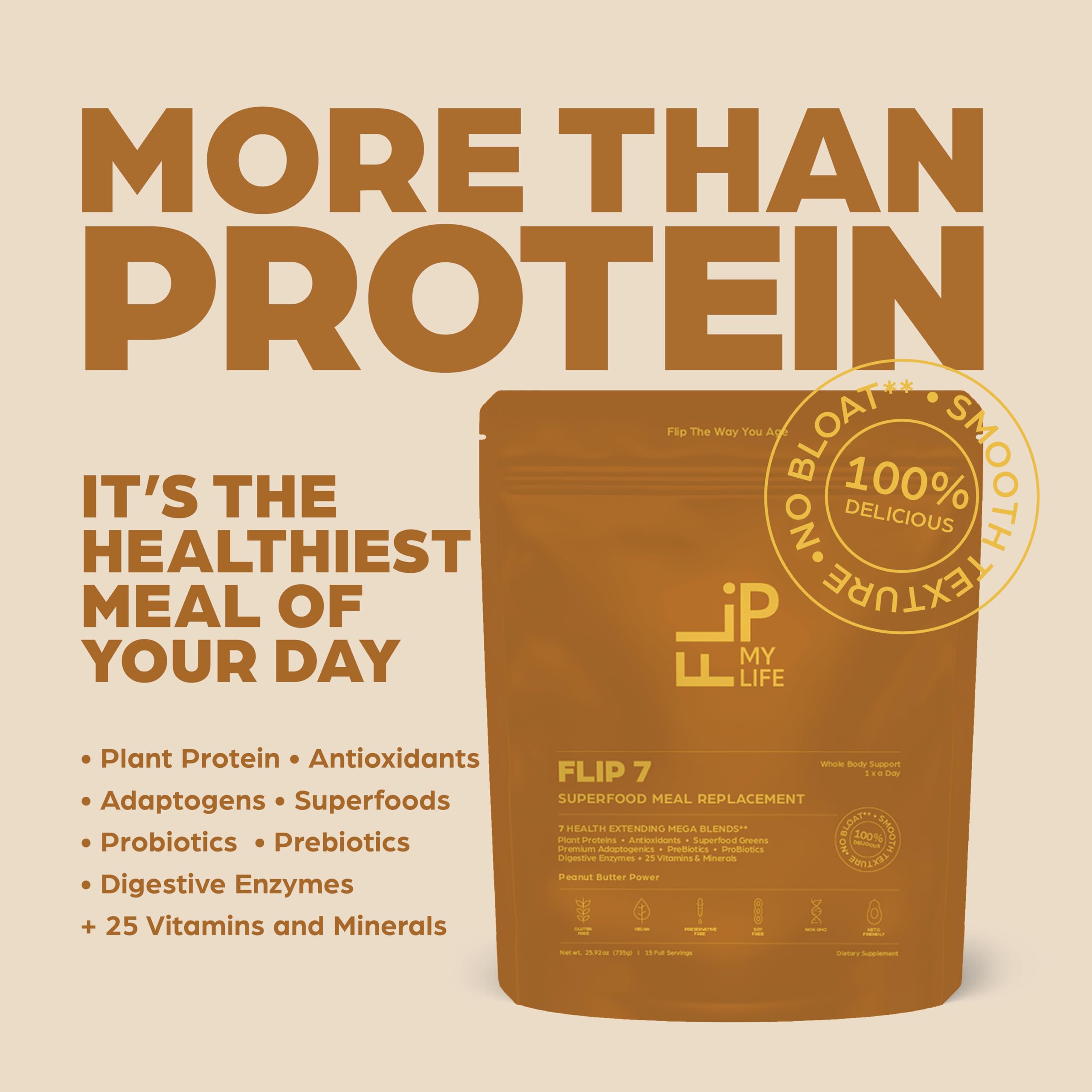 Flip My Life, Flip 7 Natural SuperFood, Plant-Based Protein, Complete Meal Replacement to Support Healthy Gut, 7 Mega Nutrient Rich Blends all in one to AGE BETTER - Peanut Butter Flip My Life buy supplements canada