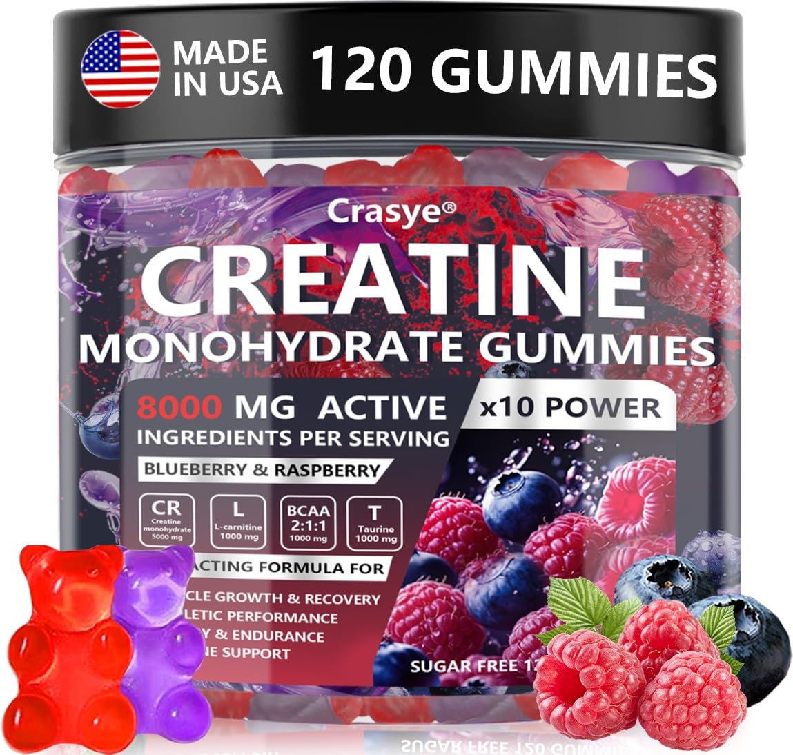 Crasye Creatine Gummies Complex 8000mg for Men and Women Creatine Monohydrate Gummy with BCAA Taurine for Muscle Strength and Energy Boost Sugar Crasye buy supplements canada