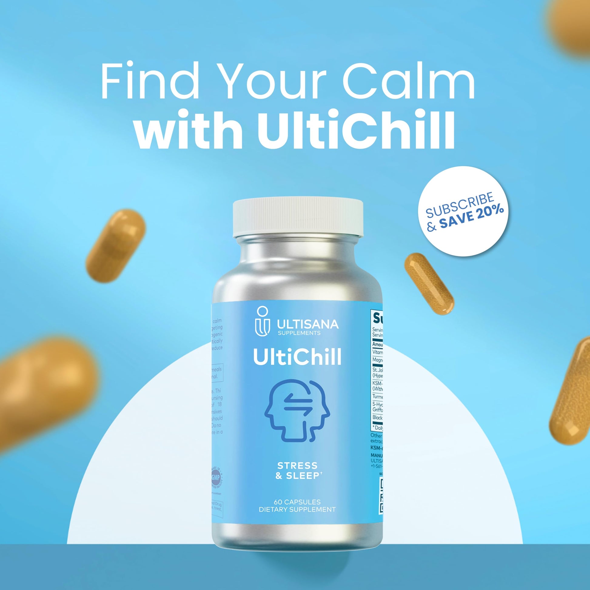 Ultisana UltiChill Stress Relief Supplement, Non-Drowsy | for Enhanced Mood, Immune Booster & Sleep Support | Magnesium Glycinate, Vitamin B6, KSM-66 Ashwagandha, Turmeric & 5-HTP | Non-GMO, 60 Count Ultisana buy supplements canada