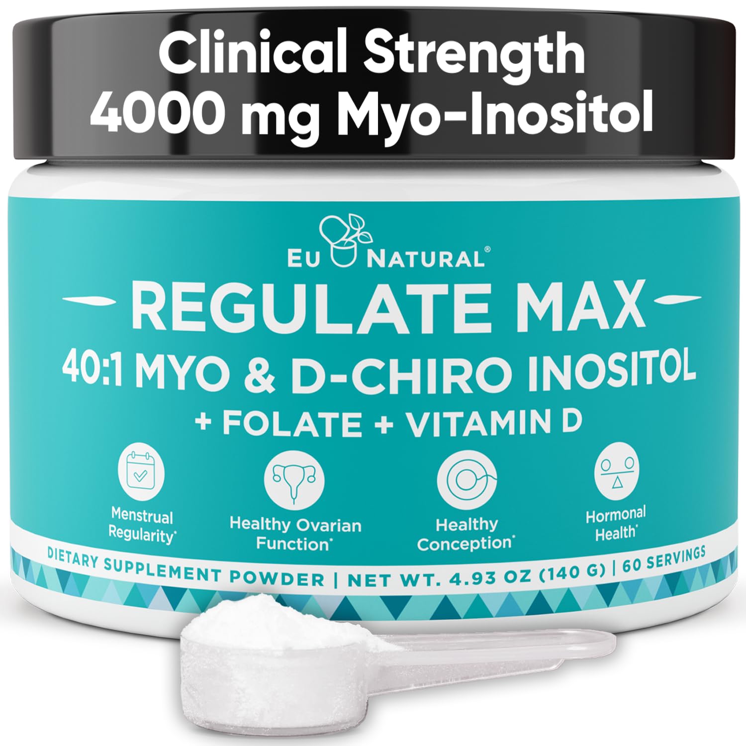 Eu Natural Regulate MAX Myo-Inositol & D-Chiro Inositol Supplement Powder for Women with Vitamin D & Folate Nutritional Support, Hormone Balance & Fertility Support, Unflavored 60 Servings Eu Natural buy supplements canada