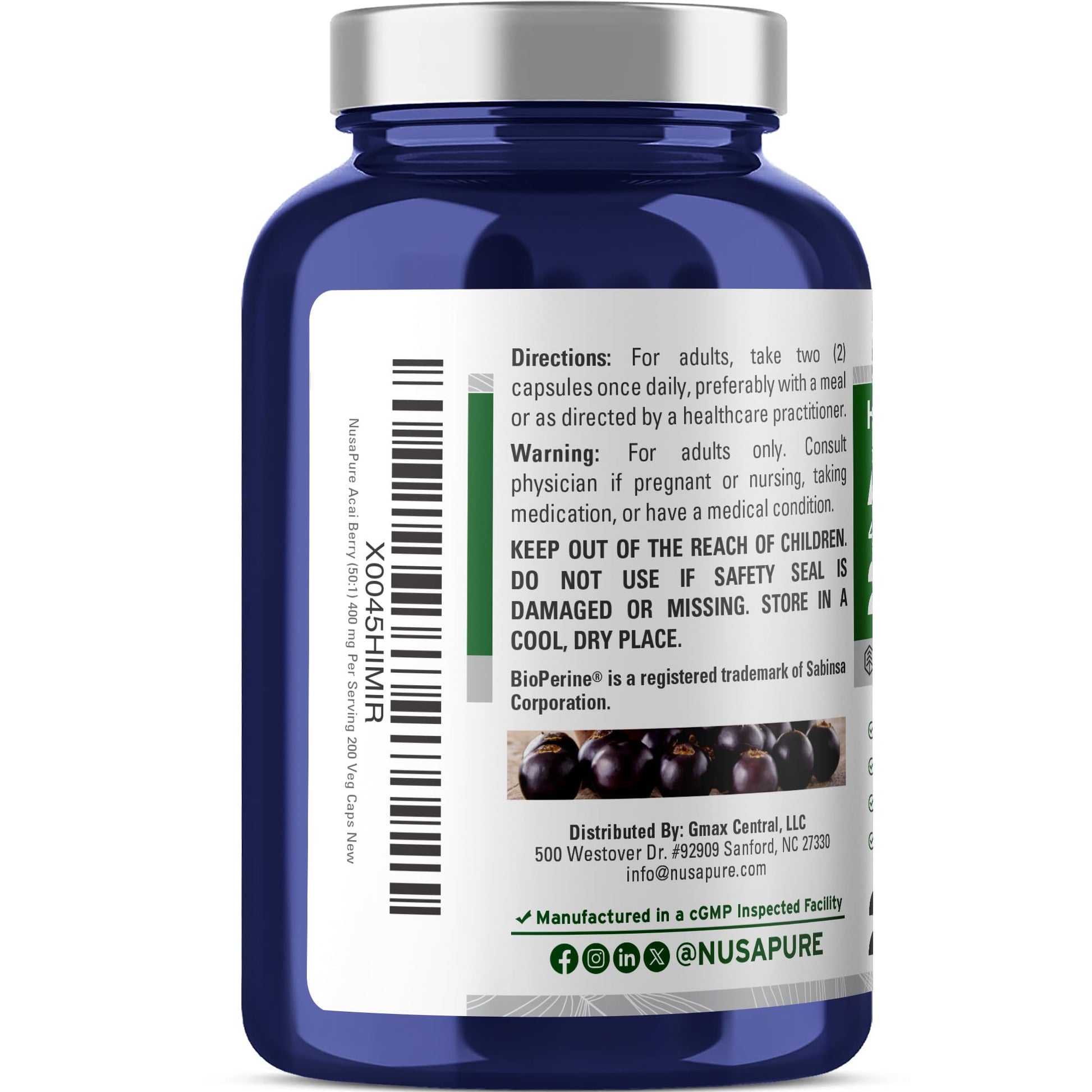 NusaPure Acai Berry 50:1 Extract - Suitable for Vegetarian/Vegan, Non - GMO - 20000 mg - 200 Capsules NusaPure buy supplements canada