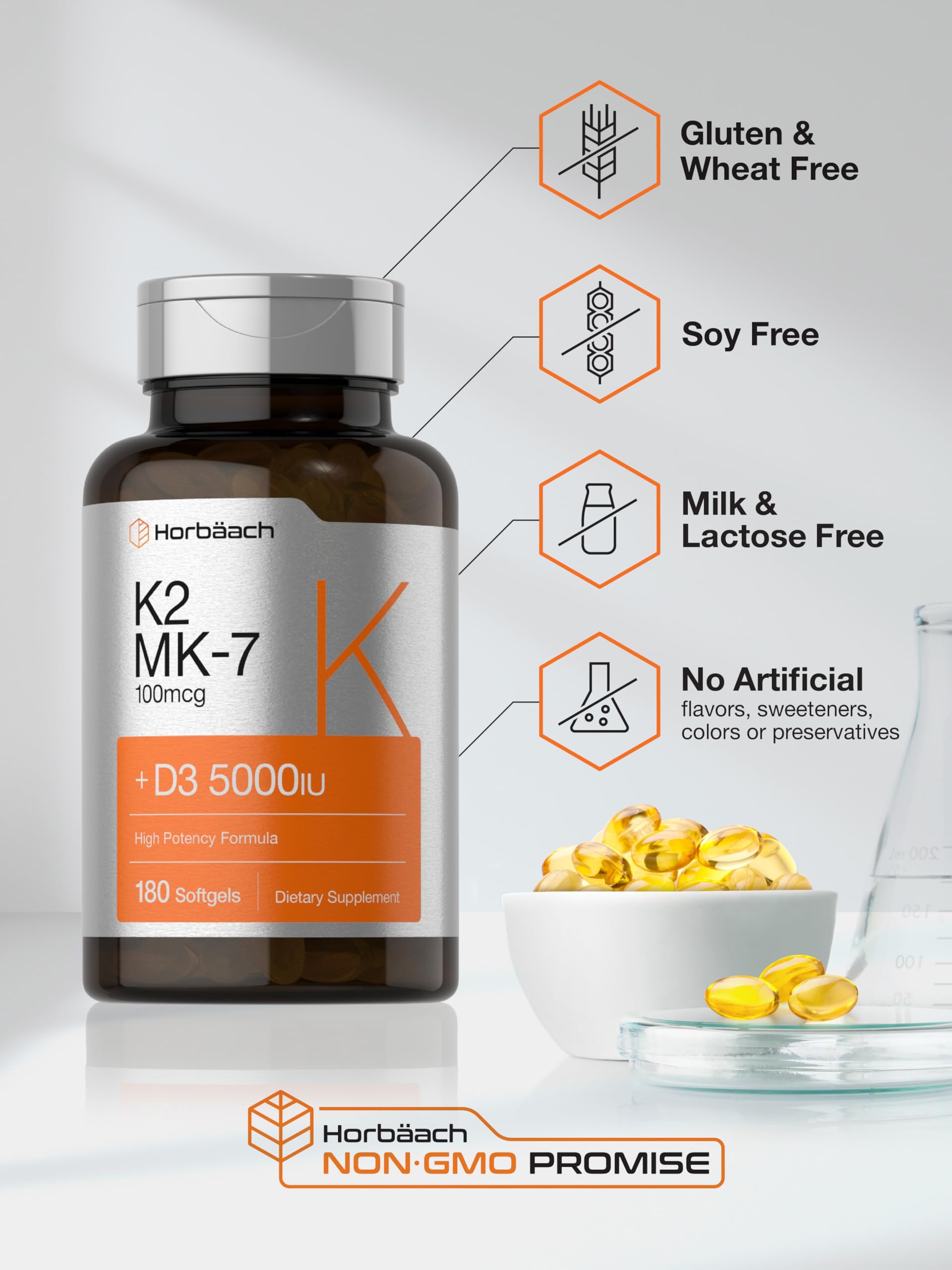 Horbäach Vitamin D3 K2 | 5000iu of Vitamin D & 100mcg MK-7 Complex | 180 Softgel Cap Horbäach buy supplements canada