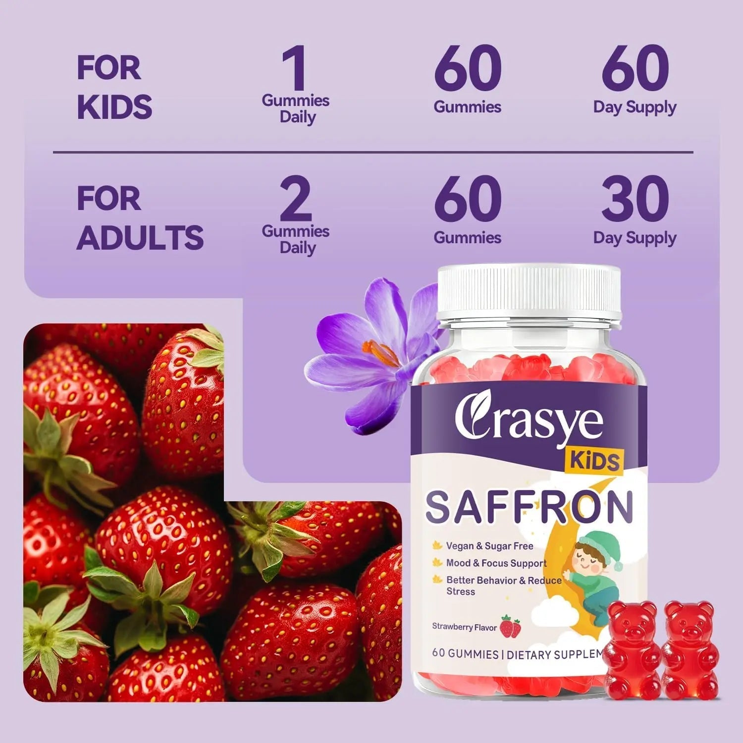 Crasye Saffron Gummies for Kids 100% Pure Organic Saffron Extract Sugar Free Saffron Supplements Gummy for Children Calm Mood & Focus - 60 Gummies Crasye buy supplements canada
