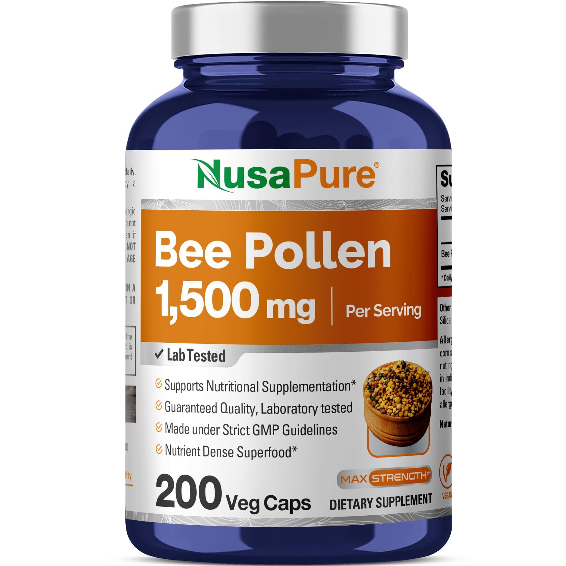 NusaPure Bee Pollen 1500mg 200 Veggie Caps (100% Vegetarian, Non-GMO, Vegan) Naturally Occurring Proteins, Aminoacids NusaPure buy supplements canada