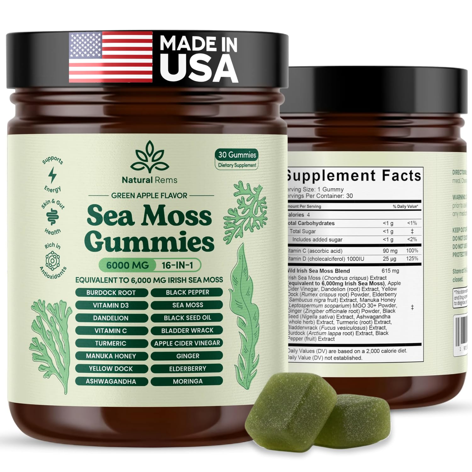 Natural Rems Sea Moss Gummies 16-in-1 - Ashwagandha Black Seed Oil Bladder Wrack Turmeric Vitamin C & D3 with Manuka Burdock Root Dandelion Yellow Natural Rems buy supplements canada