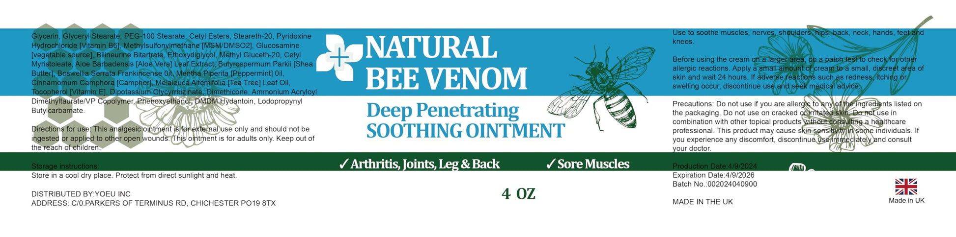 PIBIOOMAP Natural Bee Venom Joint & Muscle & Bone Release Oniment - Homeopathic Remedy - Fast Acting Release for Back, Neck, Hand, Feet, Knee, Muscle, Shoulder, Nerve, Ankle, Foot PIBIOOMAP buy supplements canada