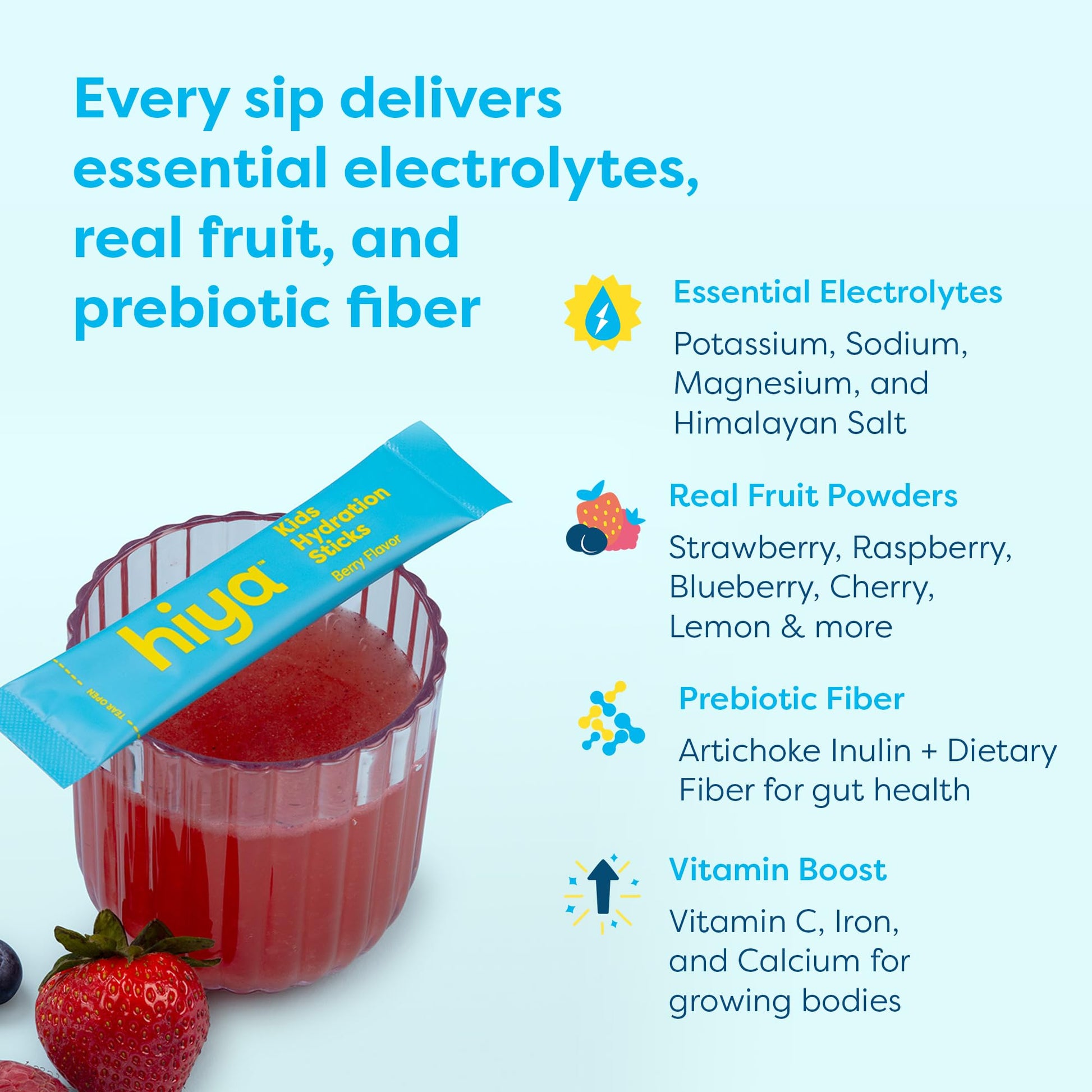 Hiya Kids Hydration with Electrolytes - Zero Added Sugar Berry Flavored Kids Hydration Packets - 15 Sticks - Travel-Friendly Drink Mix for Children Ages 2+ HIYA buy supplements canada