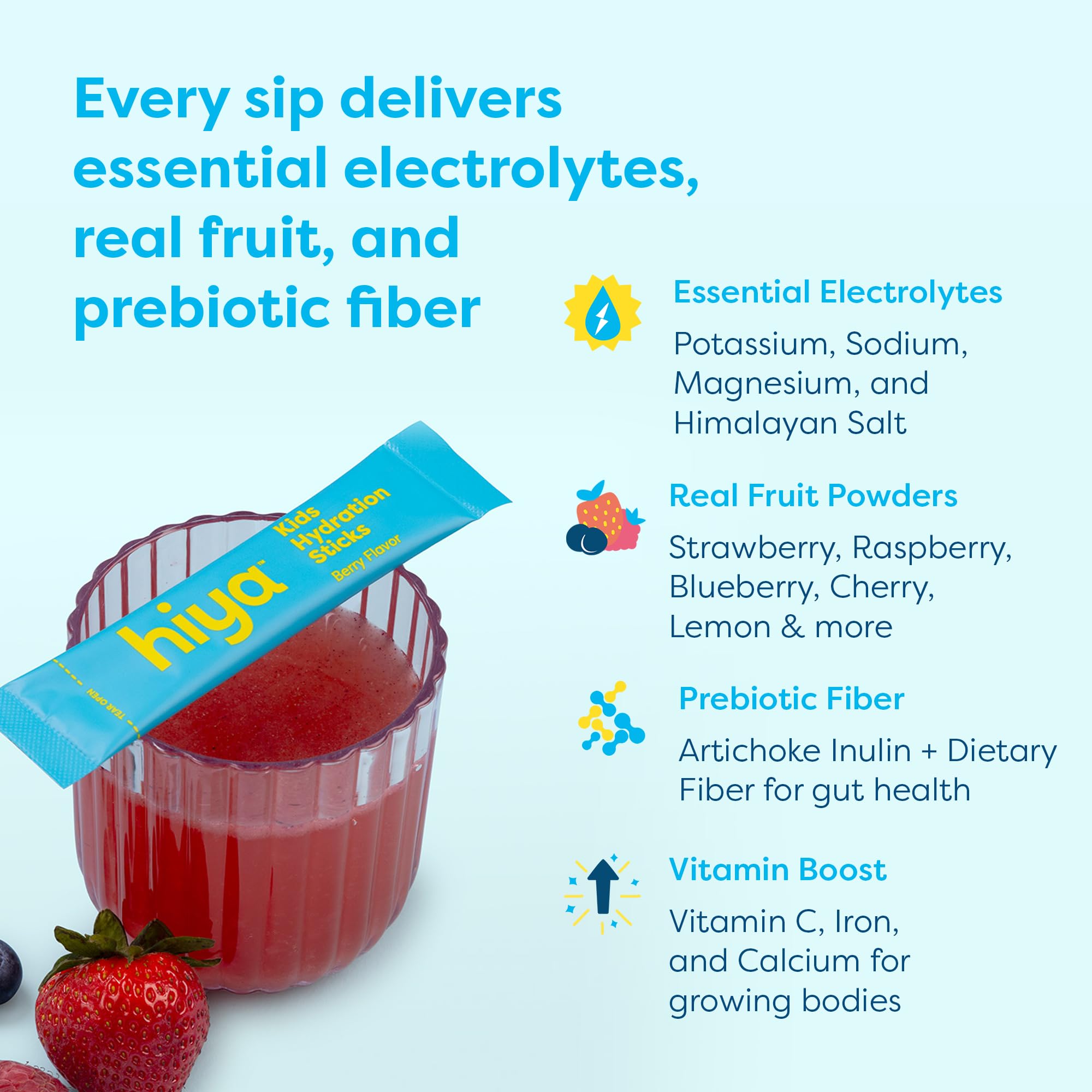 Hiya Kids Hydration with Electrolytes - Zero Added Sugar Berry Flavored Kids Hydration Packets - 15 Sticks - Travel-Friendly Drink Mix for Children Ages 2+ HIYA buy supplements canada