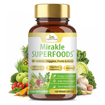 Organic Veda Mirakle Superfoods Greens Capsules - 30+ Daily Greens and Veggies Supplement with Moringa, Spirulina, Chlorella, Turmeric & Herbs, Antioxidants, Resveratrol, Probiotics - 120 Capsule Organic Veda buy supplements canada