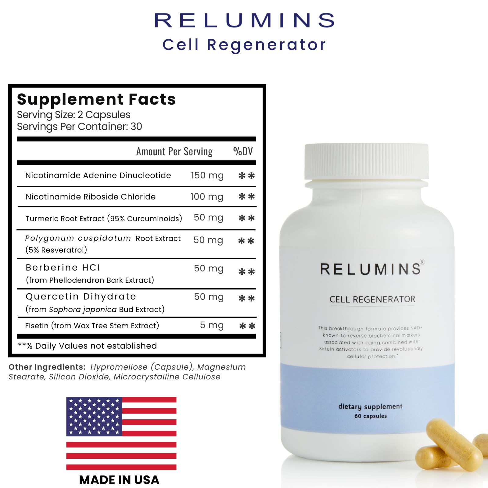 Relumins NAD+ Supplement with Nicotinamide Riboside, Resveratrol, Quercetin, Fisetin & Curcumin – Focus, Vitality, Energy, Balance & Daily Wellness Support – 60 Vegan Capsules Relumins buy supplements canada