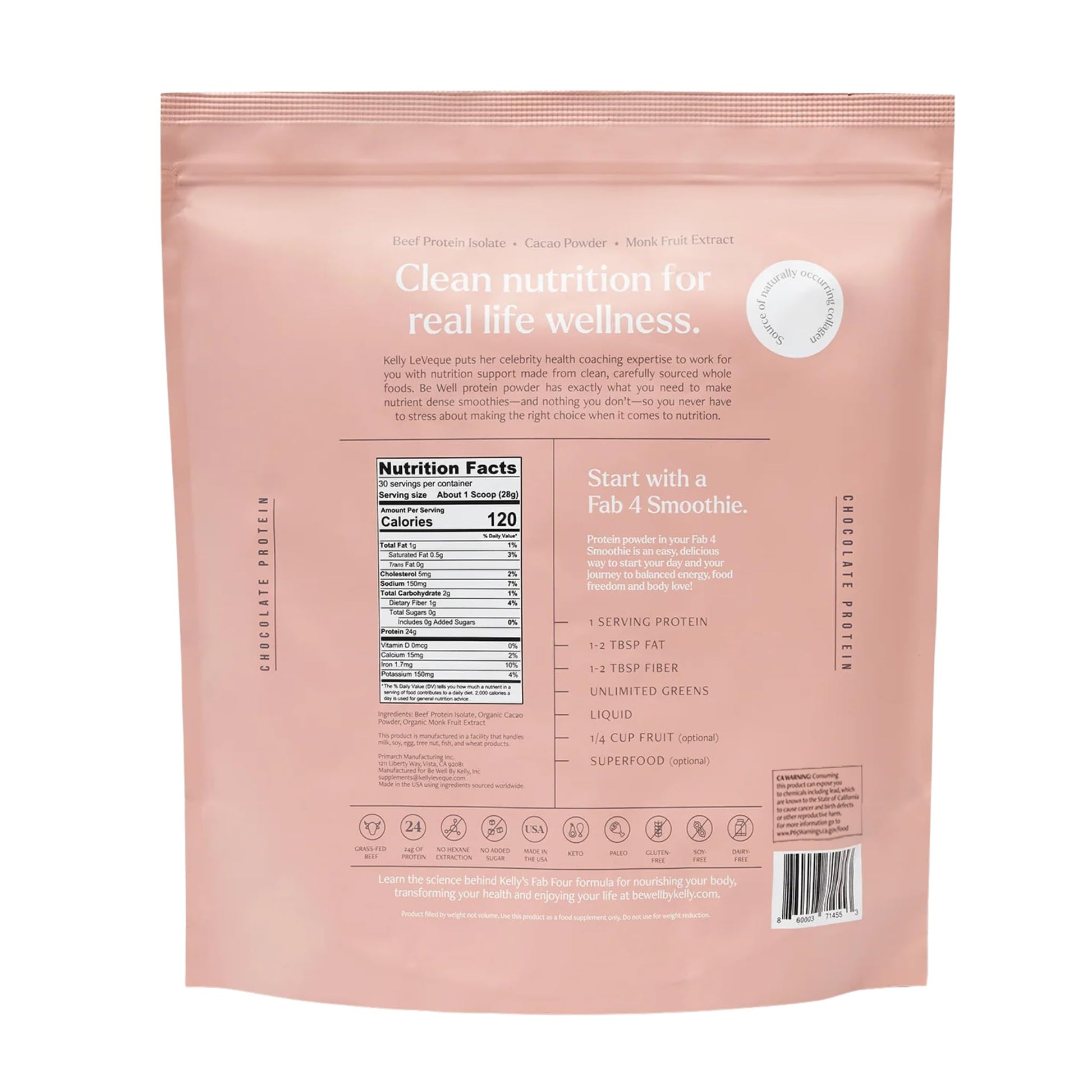 Be Well by Kelly Chocolate Grass-Fed Beef Protein Powder, 24G of Protein & 1G Net Carbs (3 Ingredients, 30 Servings) 9 Amino Acids + 3 BCAAs No Soy, No Dairy, Stevia-Free, No Sugar Added 1.87lb 849g Be Well by Kelly LeVeque buy supplements canada