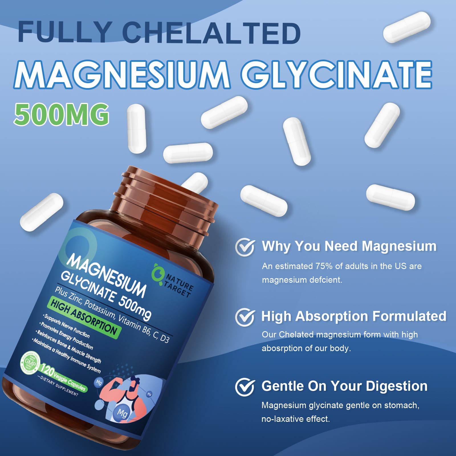 NATURE TARGET Magnesium Glycinate 500mg, Chelated Magnesium with Zinc & Vitamin D3 for Muscle, Nerve & Bone, Support Heart Health & Leg Cramp, Strength Immune System - 120 Capsules NATURE TARGET buy supplements canada