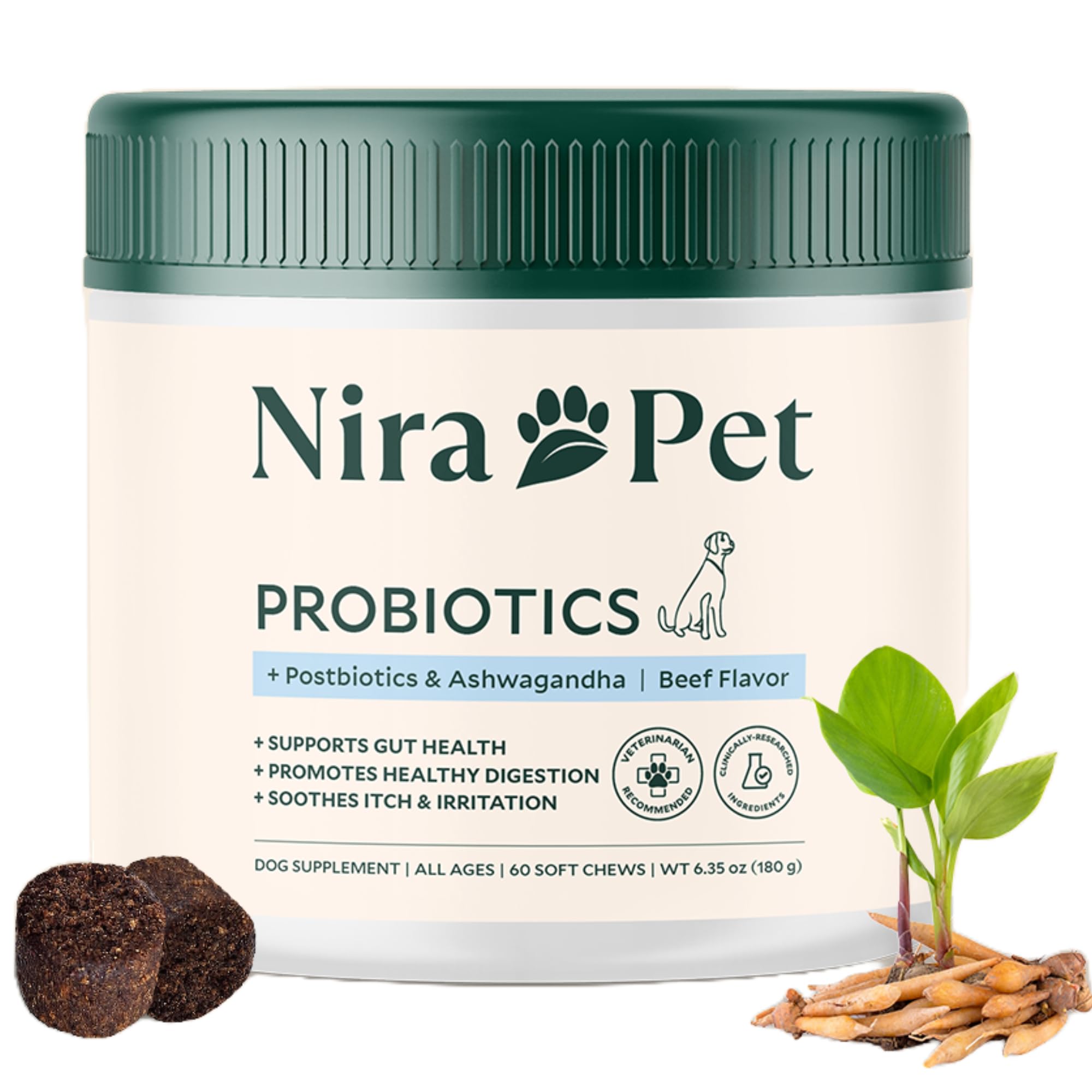 Nira Pet Probiotics for Dogs – 60 Beef-Flavored Chews with Postbiotics, Colostrum, Ashwagandha & Lactobacillus – Supports Gut Health, Immunity, Diarrhea, Gas & Stress Nira Pet buy supplements canada