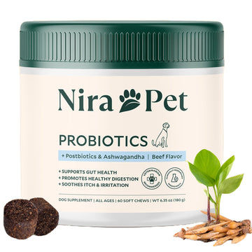 Nira Pet Probiotics for Dogs – 60 Beef-Flavored Chews with Postbiotics, Colostrum, Ashwagandha & Lactobacillus – Supports Gut Health, Immunity, Diarrhea, Gas & Stress Nira Pet buy supplements canada