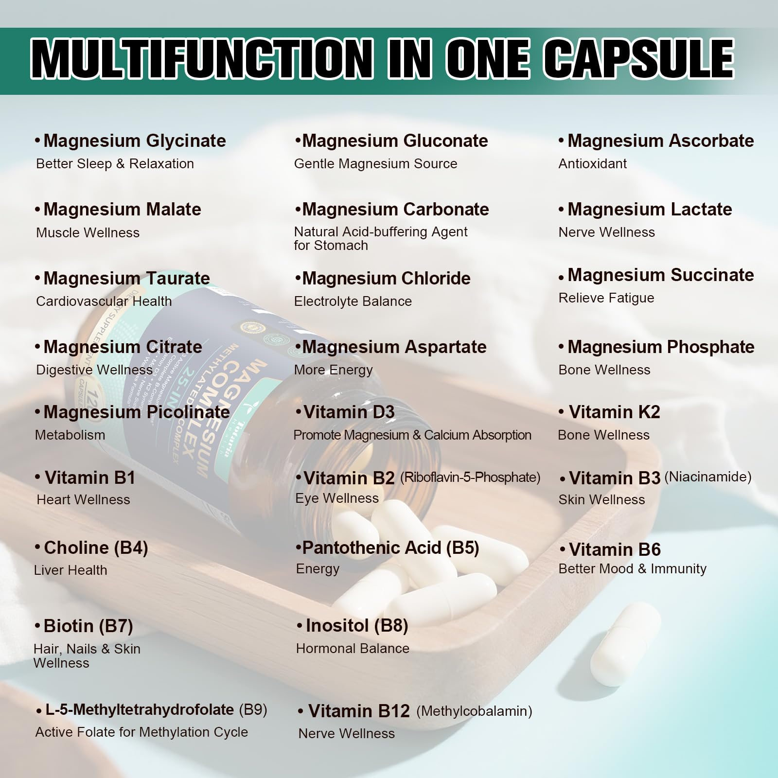 25-in-1 Magnesium Complex with Methylated B Complex Magnesium Glycinate Citrate Malate Taurate Gluconate Aspartate Carbonate D3 K2, Magnesium Supplement Totaria buy supplements canada