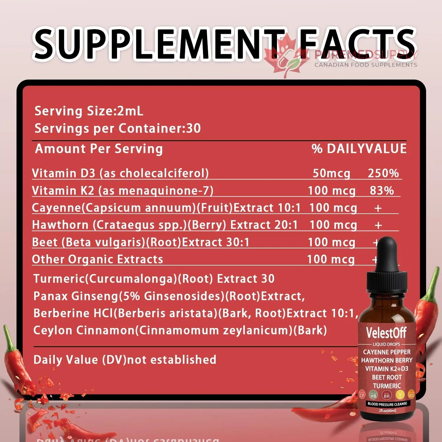 Velestoff Cayenne Pepper & Cayenne Pepper Drops Liquid Supplement with Hawthorn, Beet Root, Turmeric, Vitamin K2 D3 Nutralis buy supplements canada