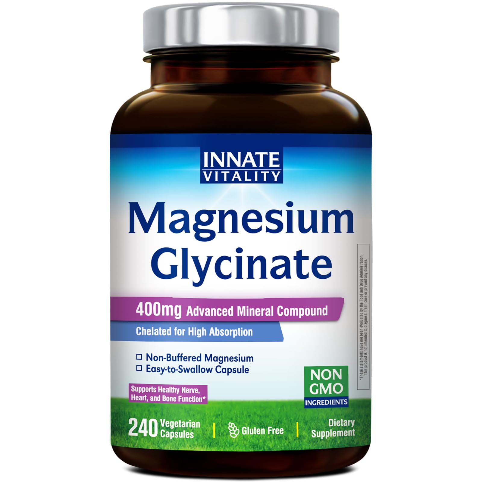 Innate Vitality Magnesium Glycinate 400mg, Non Buffered & High Absorption Magnesium Supplement for Sleep, Relaxation, Heart & Bone Health for Men & Women, Non-GMO, No Gluten, 240 Vegan Capsules Innate Vitality buy supplements canada