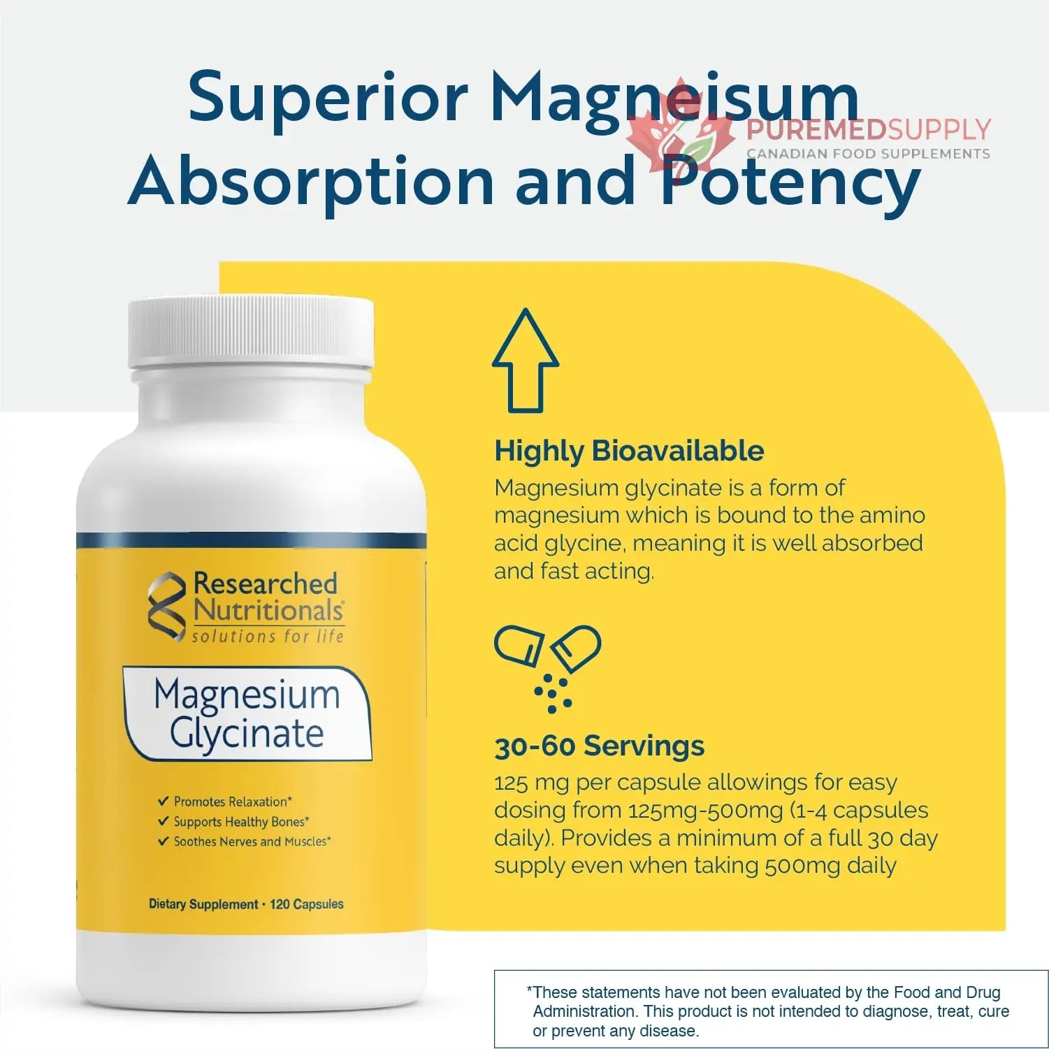 Researched Nutritionals Magnesium Glycinate Capsules - 125mg High Absorption Magnesium Glycinate Supplement to Support Healthy Bones and Energy Production - Vegan & Non-GMO (120 Capsules) Researched Nutritionals buy supplements canada