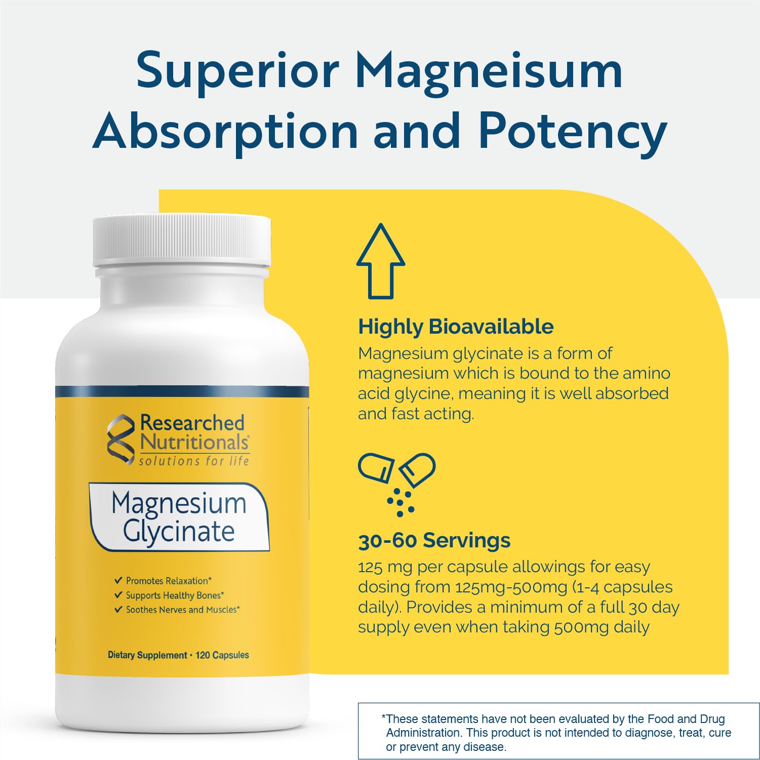 Researched Nutritionals Magnesium Glycinate Capsules - 125mg High Absorption Magnesium Glycinate Supplement to Support Healthy Bones and Energy Production - Vegan & Non-GMO (120 Capsules) Researched Nutritionals buy supplements canada