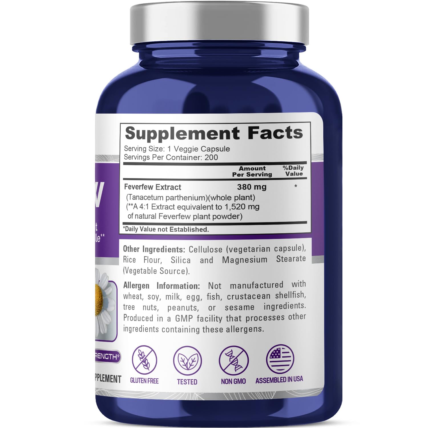 NusaPure Feverfew Extract 4:1 - Suitable for Vegetarian/Vegan, Non - GMO - 1520mg 200 Capsules NusaPure buy supplements canada