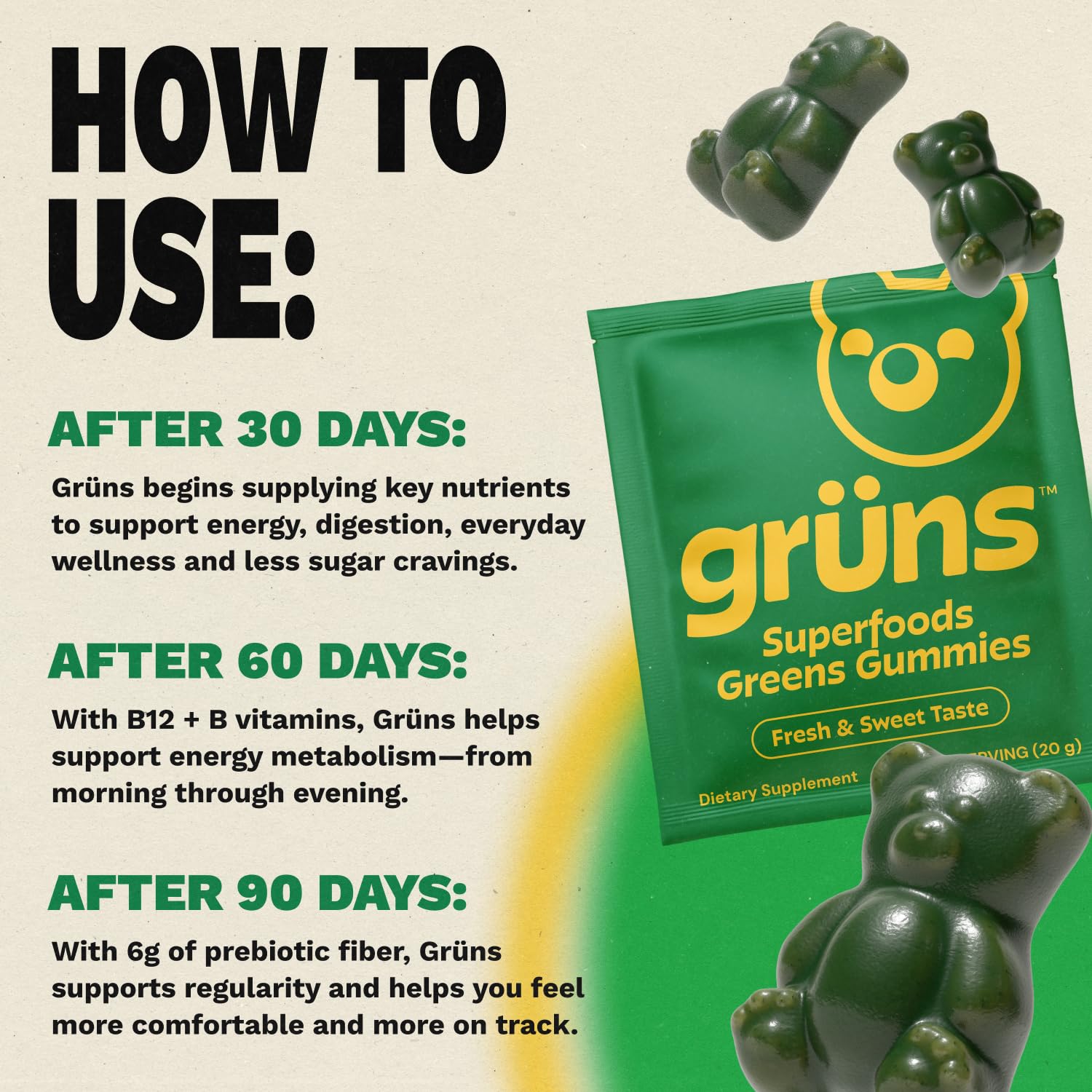 Gruns Adults Super Greens Gummies, Multivitamin Superfood Gummy Bears, Spirulina, Chlorella, Prebiotics & Fiber Gummies for Digestive Health Grüns buy supplements canada