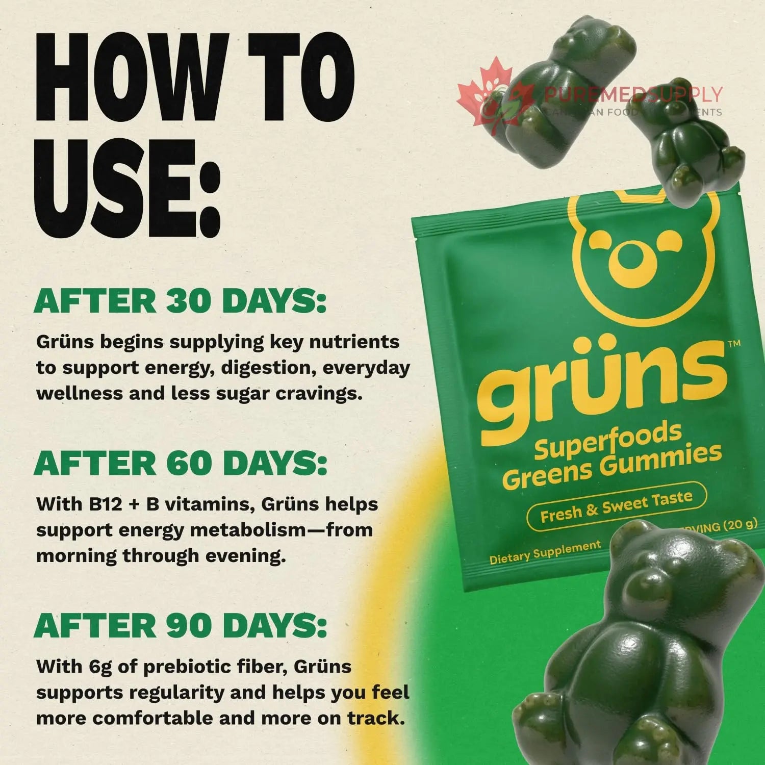 Gruns Sugar-Free Super Greens Gummies, Multivitamin Superfood Gummy Bears, Spirulina, Chlorella, Prebiotics & Fiber gummies for Digestive Health, Adaptogens Supplement, 20 Vitamins & Minerals, 10 pack Grüns buy supplements canada