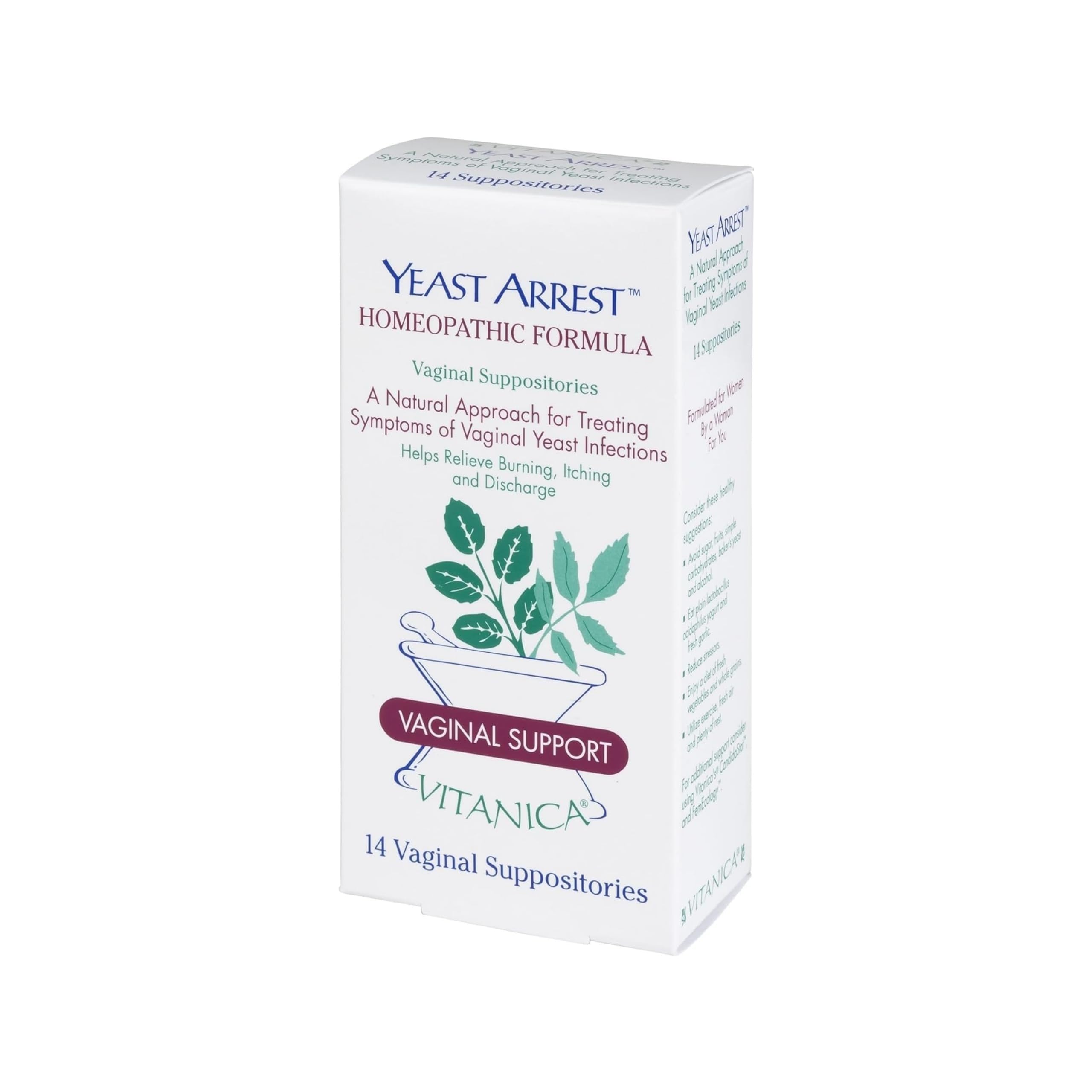 Vitanica Yeast Arrest, Homeopathic Vaginal Suppositories, for Yeast Infection Symptoms, Relieves Burning, Itching & Discharge, with Boric Acid, Tea Tree Oil & Probiotics, Vegan (Pro Logo, 14ct) Vitanica buy supplements canada