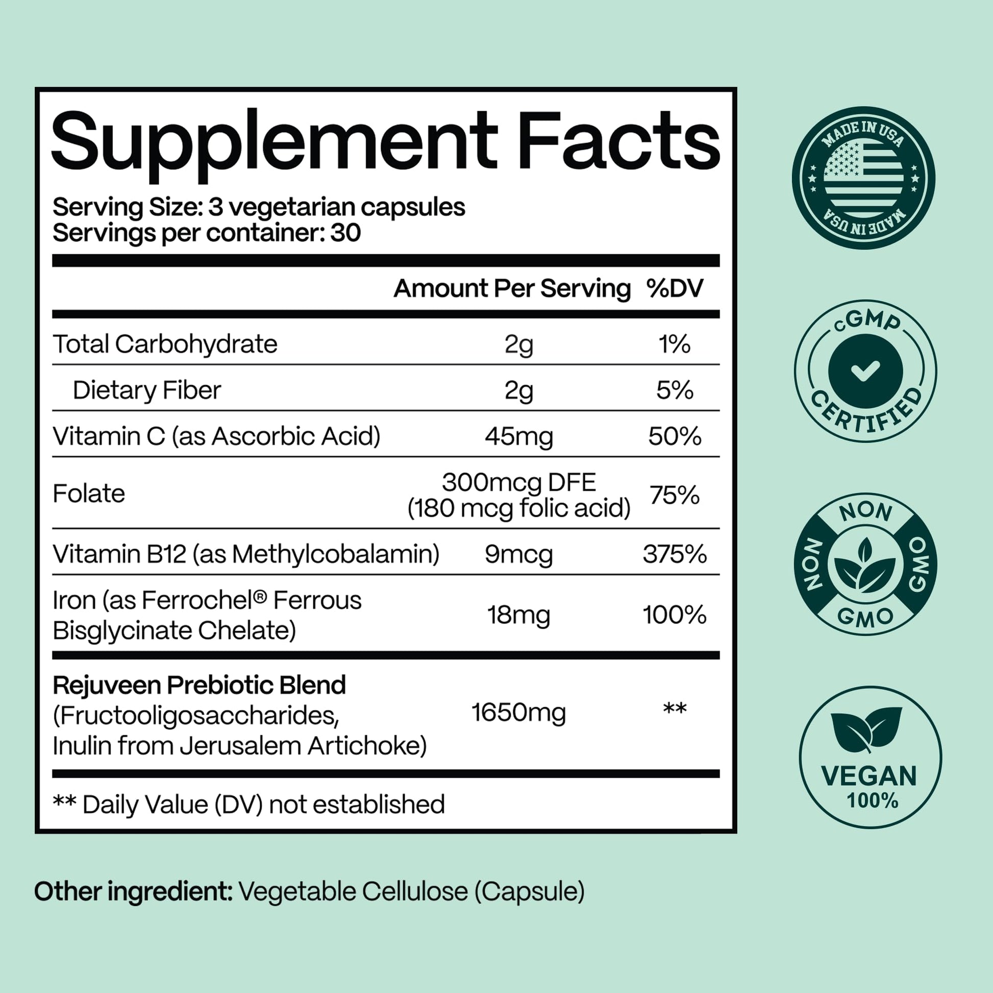 Rejuveen Previtalean | Prebiotic Fiber Supplement for Women | Supports Gut Health & Red Blood Cell Production | Contains Highly Bioavailable Iron, Folate & Vitamin B12 | 90 Ct, 30 Servings Rejuveen buy supplements canada