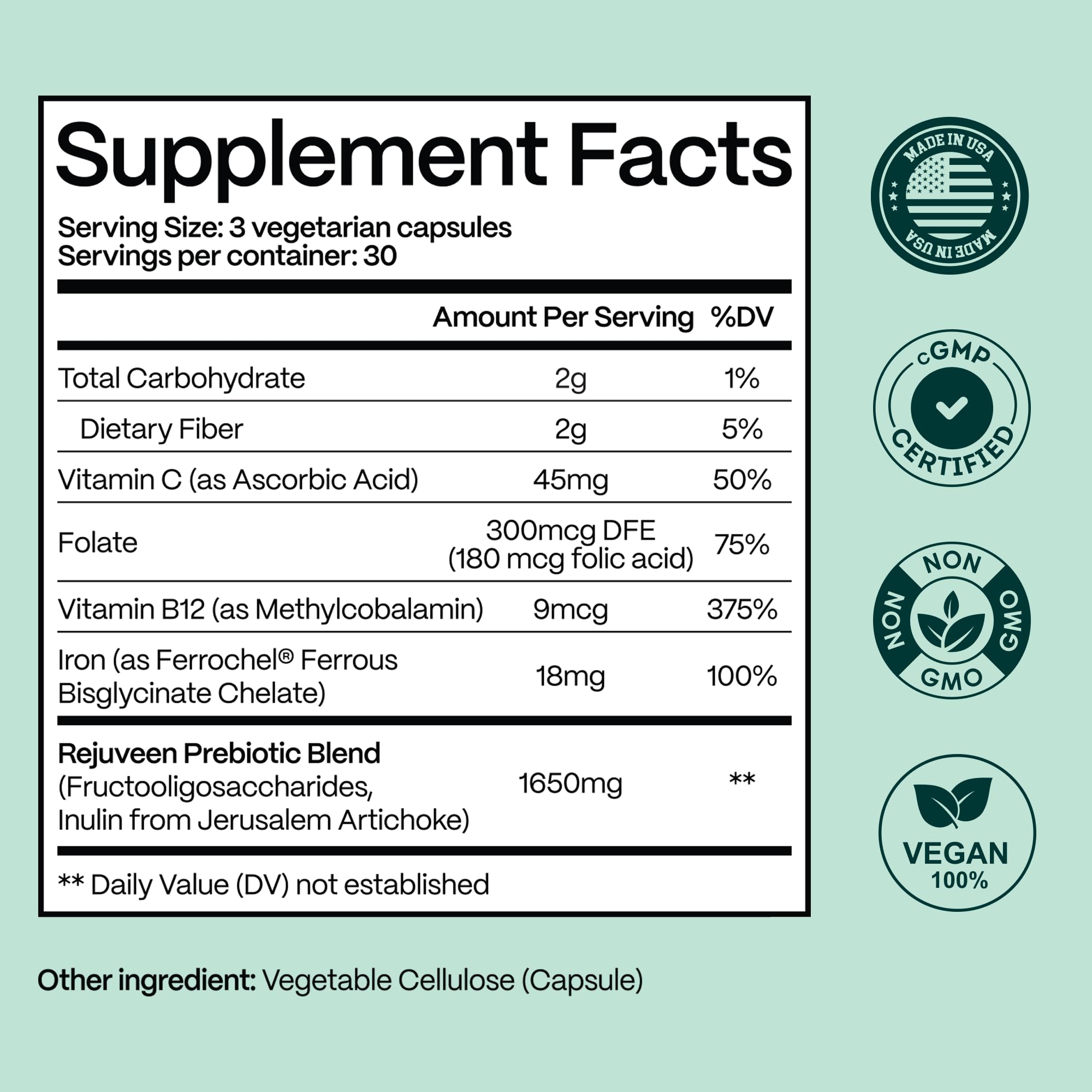 Rejuveen Previtalean | Prebiotic Fiber Supplement for Women | Supports Gut Health & Red Blood Cell Production | Contains Highly Bioavailable Iron, Folate & Vitamin B12 | 90 Ct, 30 Servings Rejuveen buy supplements canada