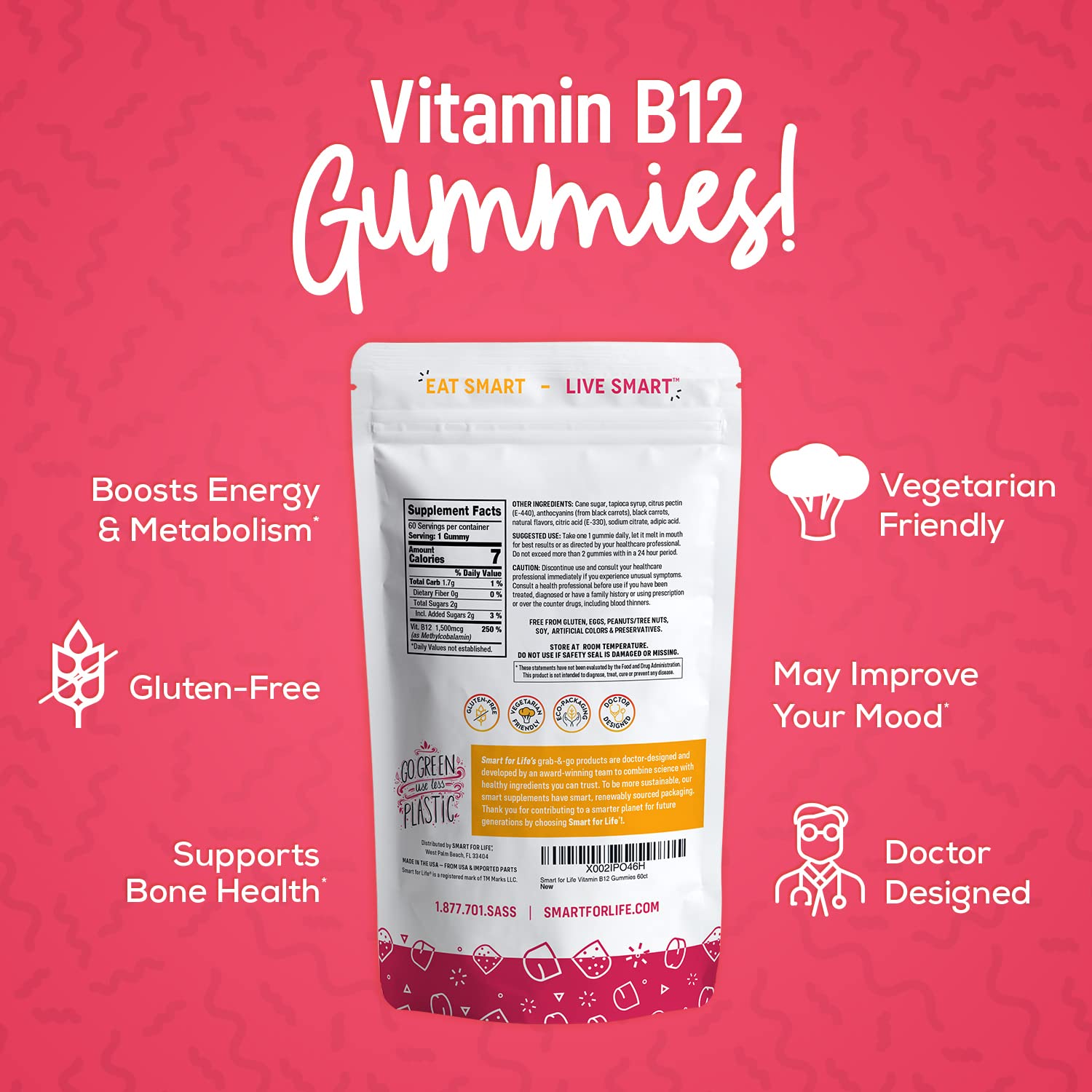 B12 Gummy Vitamins - 1500 mcg Vitamin B12 Gummies for Adults and Kids - Helps with Energy, Metabolism, Bone Nervous System Support Smart for Life buy supplements canada