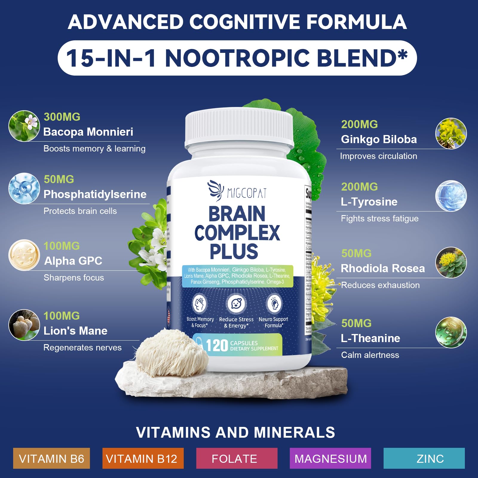 Brain Supplements for Memory & Focus - Nootropic with Bacopa Monnieri, Lion's Mane, Alpha GPC, Phosphatidylserine | Supports Mental Clarity & Cognitive Function | Vitamin B6 & B12-120 Capsules Migcopat buy supplements canada