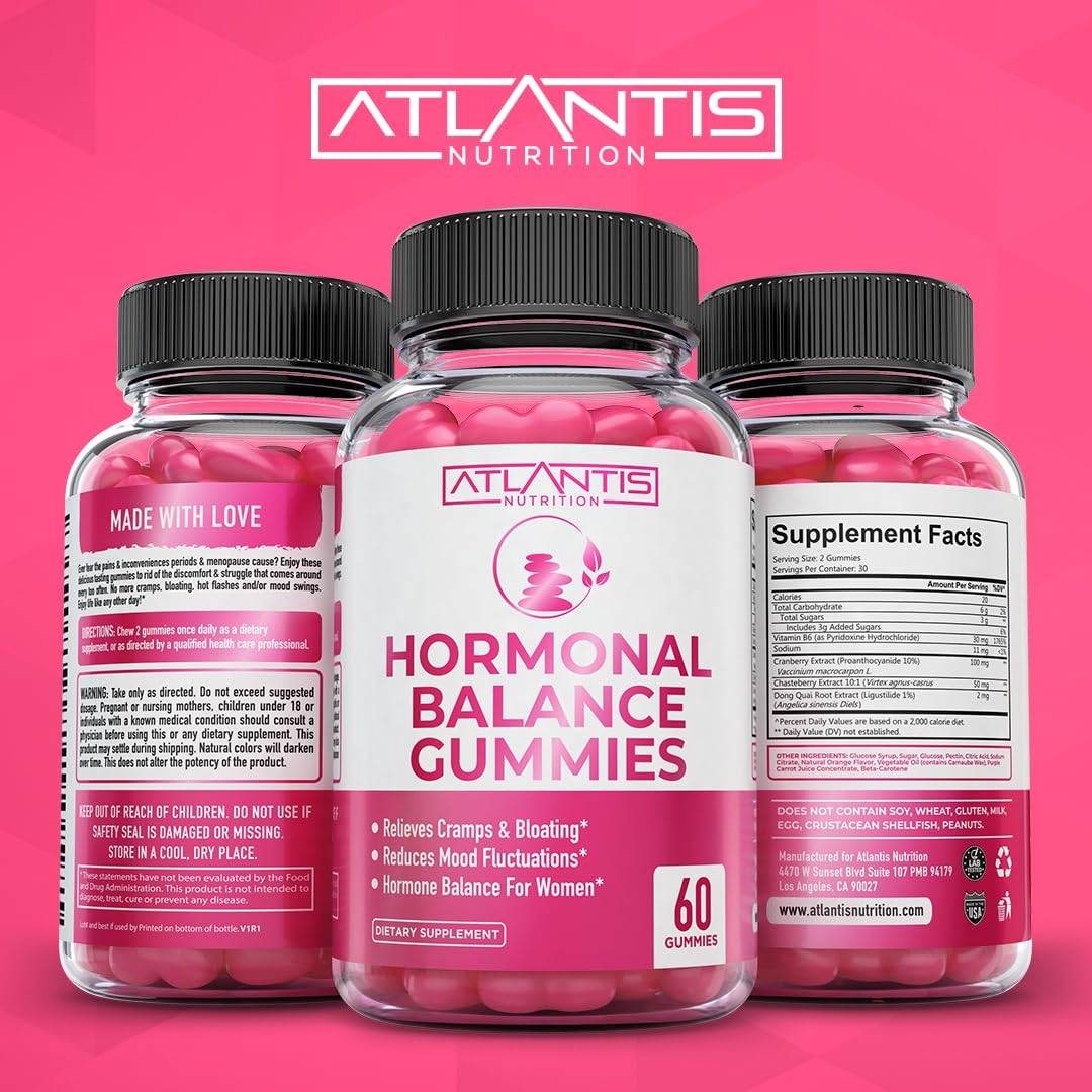 Atlantis Nutrition Hormonal Balance for Women & PMS Relief Gummies - Alleviates Cramps, Bloating, Mood Swings, Hot Flashes & Night Sweats - Cranberry, Dong Quai & Chasteberry Menstrual Cramp Relief Atlantis Nutrition buy supplements canada