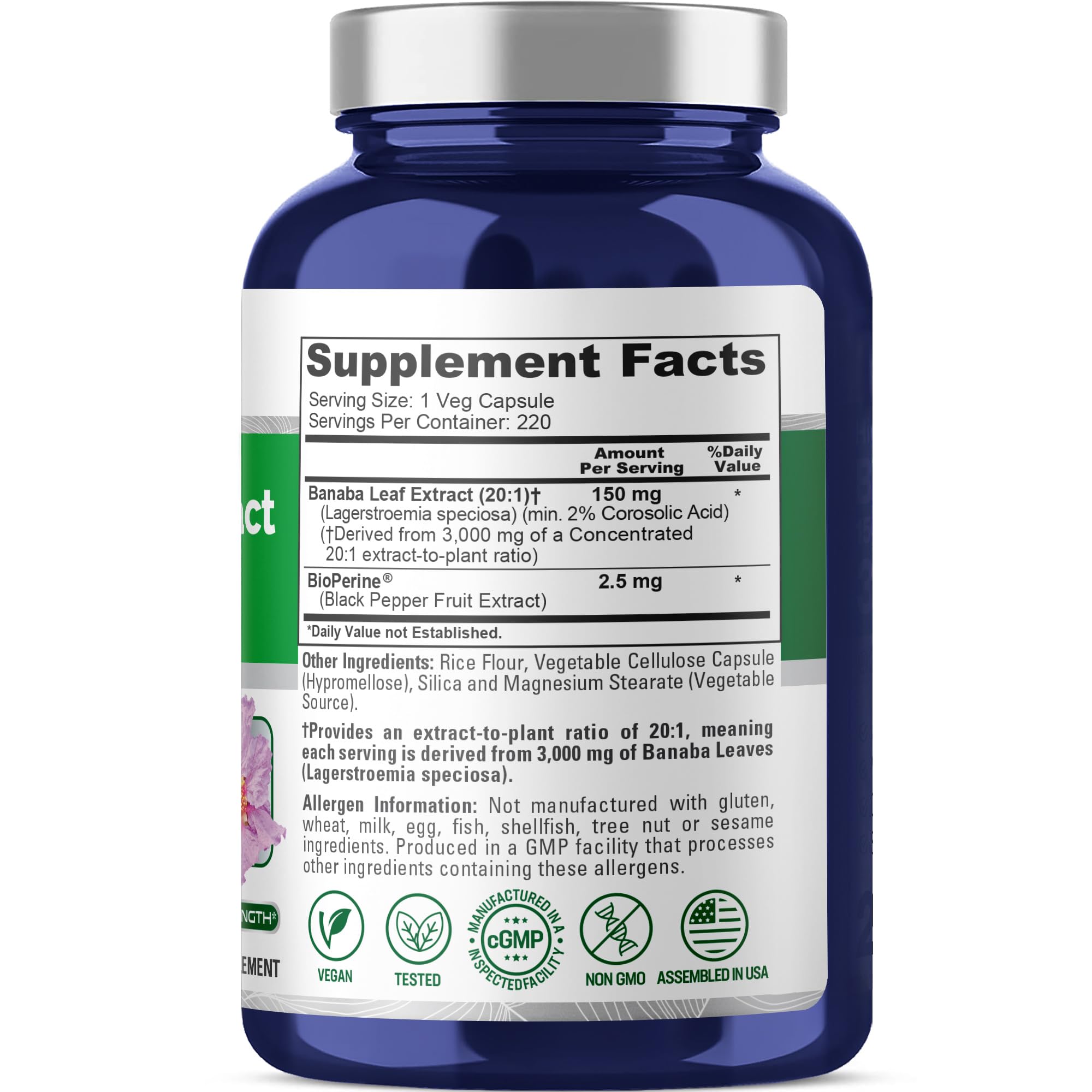 NusaPure Banaba Leaf 20:1 Extract, 150 mg Equivalent to 3,000mg Veg Caps, 220 Days Supply (Non-GMO & Vegan) 2% Corosolic Acid NusaPure buy supplements canada