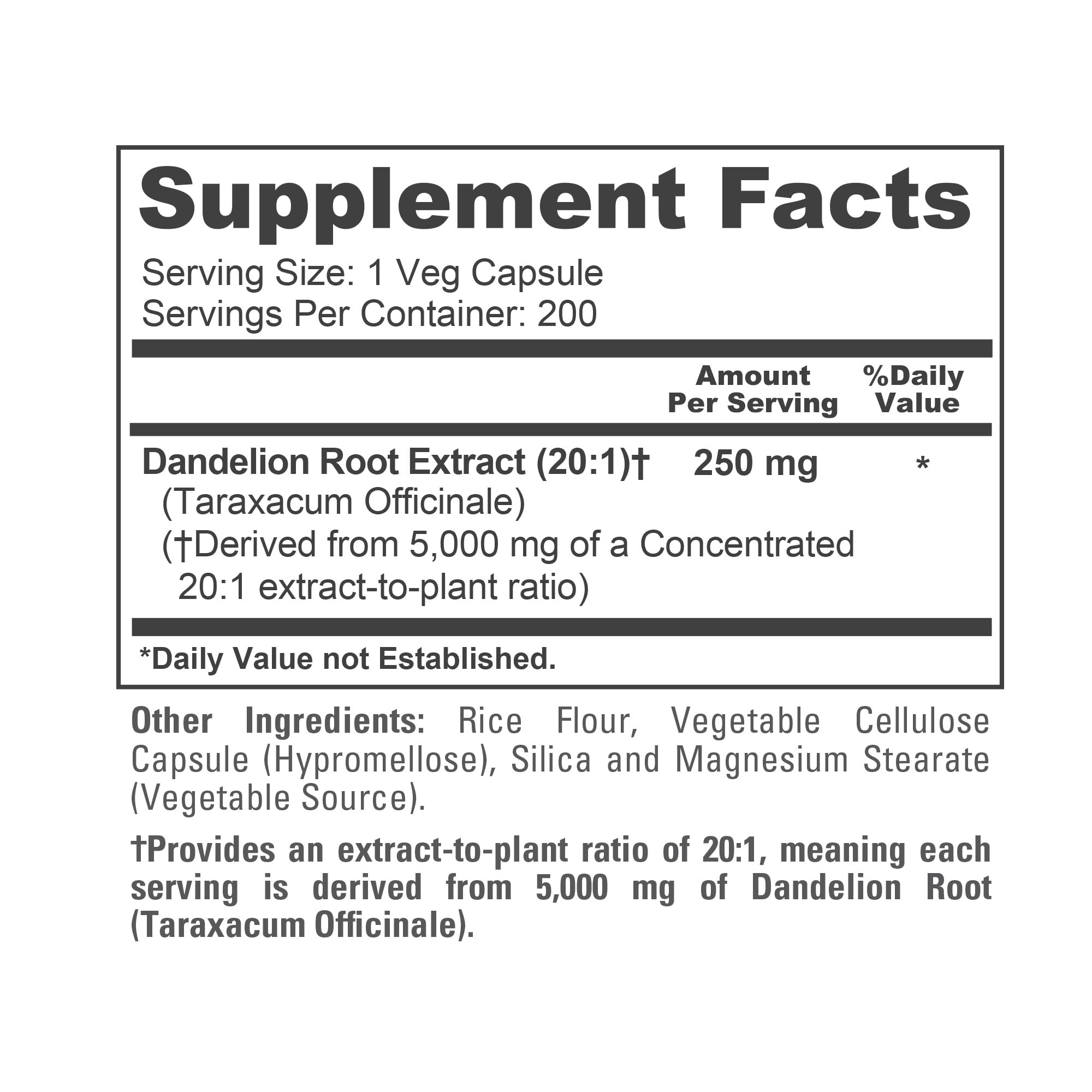 NusaPure Dandelion Root 20:1 Extract, 250 mg Equivalent to 5000mg 200 Veg Capsules (Vegan, Non-GMO) NusaPure buy supplements canada