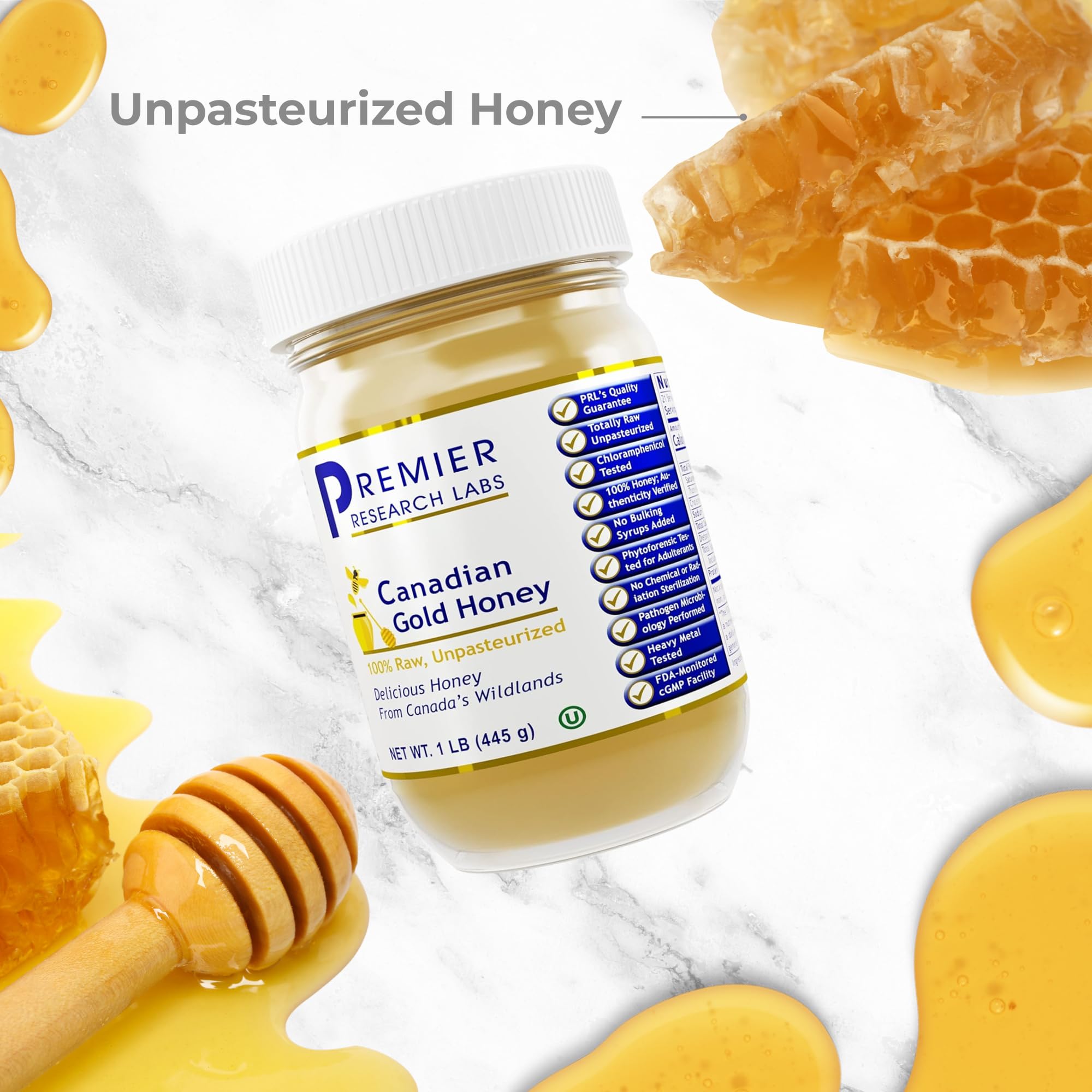 Premier Research Labs Canadian Gold Honey - Raw Honey, Pure Honey, Raw Unpasteurized Honey, Unfiltered, 100% Pure, Sugar-Free, Unprocessed Wildflower Honey - 1 lb Jar Premier Research Labs buy supplements canada