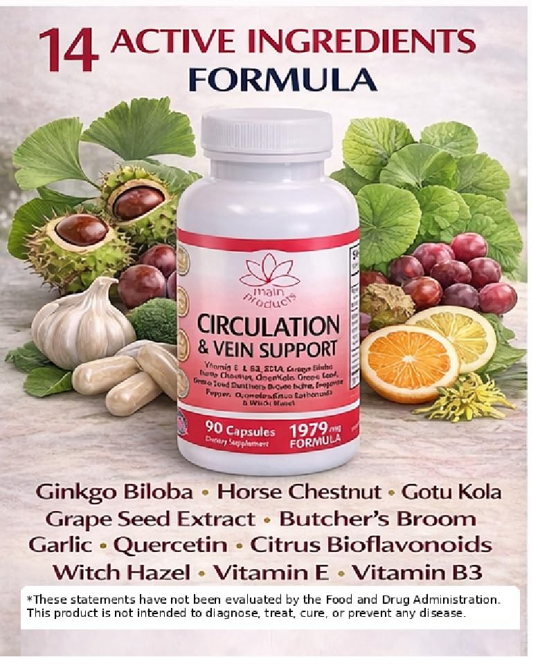 Circulation & Vein Support Supplement - Vitamins E & B3, Ginkgo Biloba, Horse Chestnut, Gotu Kola, Grape Seed, Butcher's Broom & Citrus Bioflavonoids - 1979 mg Formula - 90 Capsules - 30 Days Supply. Main Products buy supplements canada