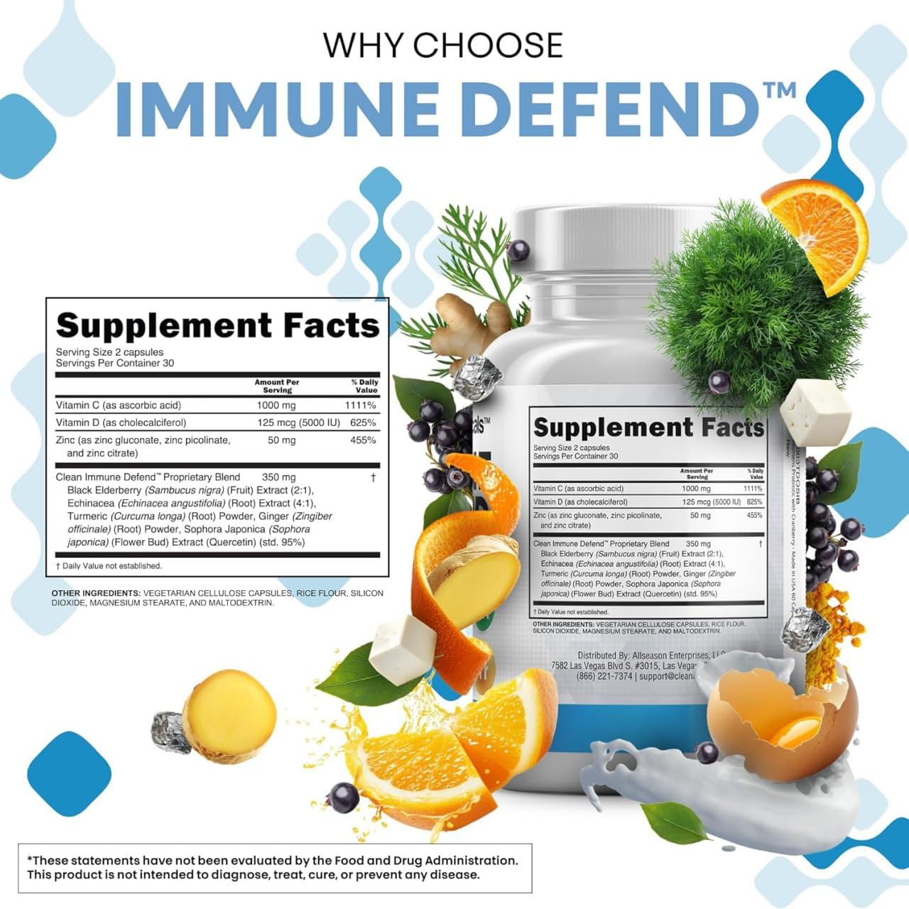 Clean Nutraceuticals Immune Defense Support Supplement 8 in 1 with Zinc 50mg Quercetin, VIT C 1000mg, Vitamin D3 5000 IU, Elderberry, Ginger Clean Nutraceuticals buy supplements canada