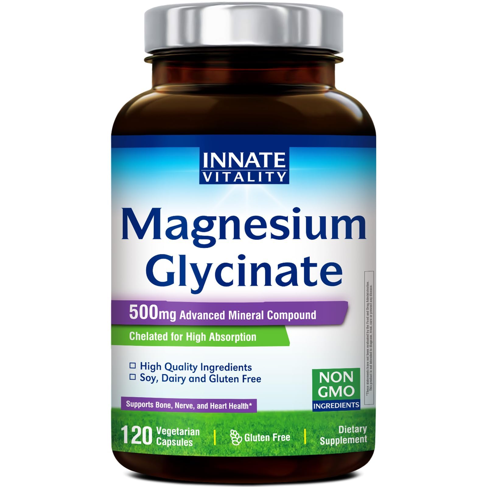 Innate Vitality Magnesium Glycinate 500mg | 70mg Elemental Magnesium Supplement - High Absorption, Non Buffered, Non-GMO & No Gluten - Vegan - Nerve Health - 120 Capsules (Pack of 1) Innate Vitality buy supplements canada