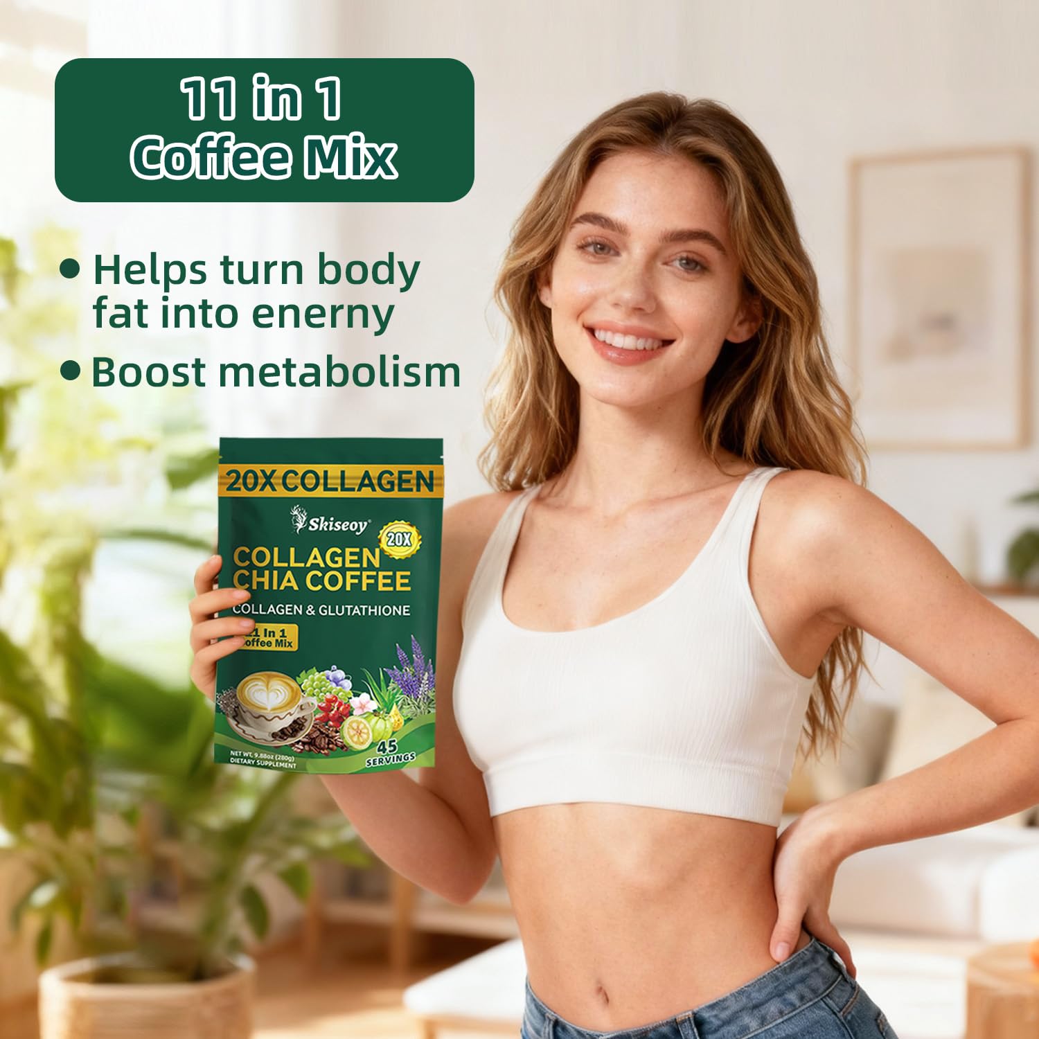 Skiseoy 20x Collagen Chia Coffee - 11-in-1 Coffee Shape Mix with L-Glutathione for Skin, Hair, Joints - Boost Energy and Focus, Vegan Friendly, 45 Servings Skiseoy buy supplements canada